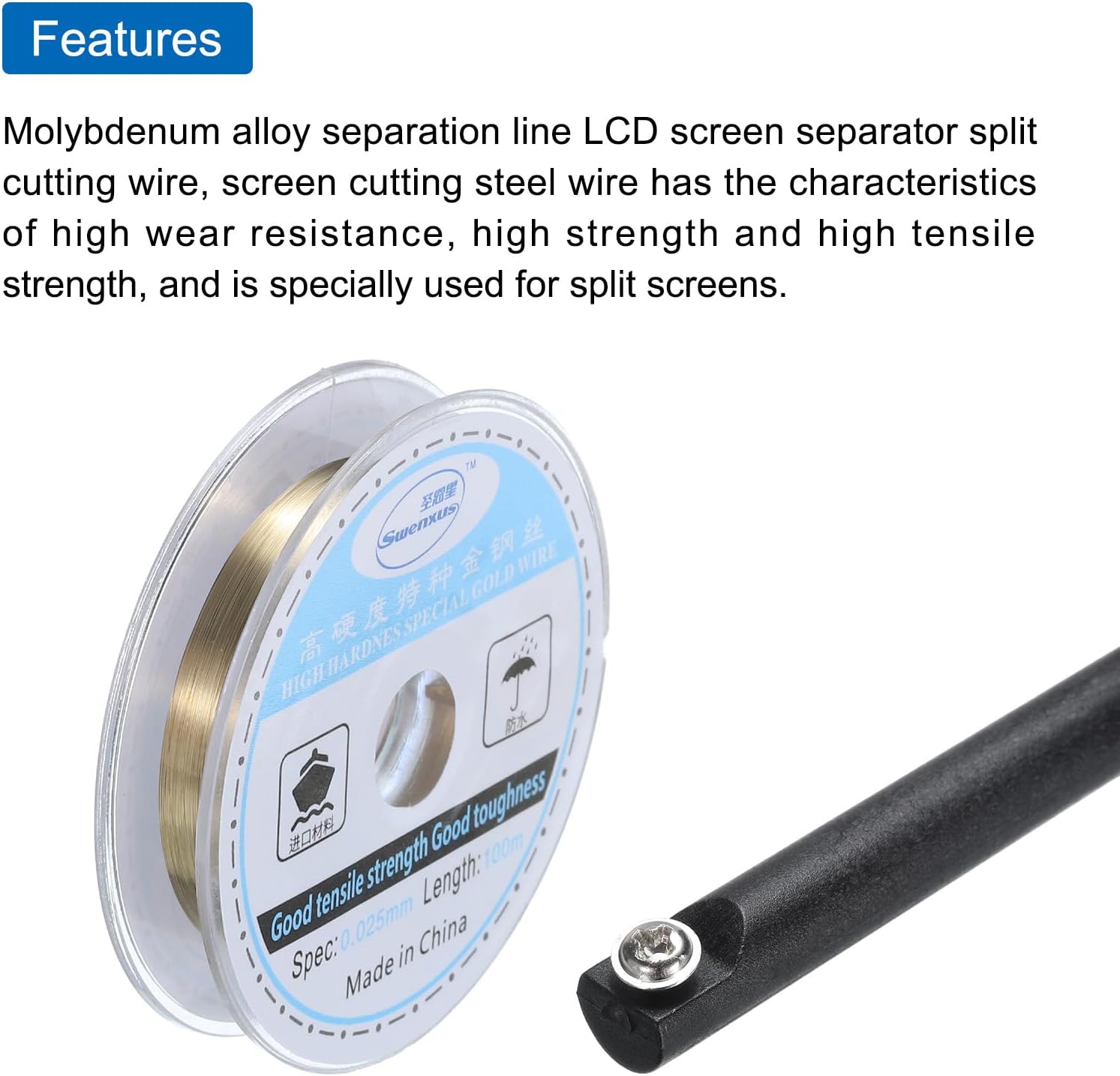 MECCANIXITY 100m/328ft Molybdenum Screen Cutting Wire Line with Handle Phone LCD Cutting Wire Glass Separate Repair Tool, 0.025mm