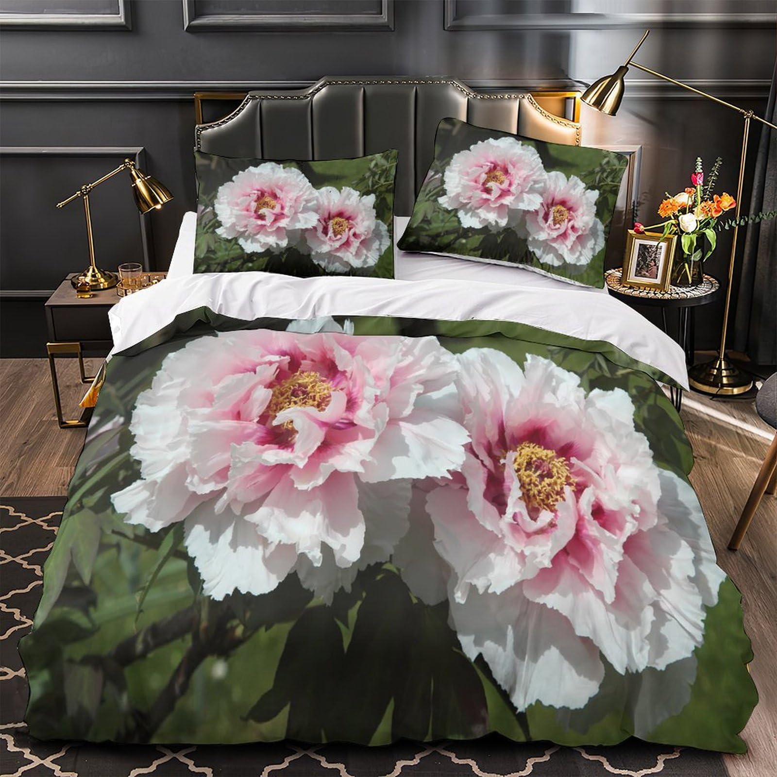 Housse de couette pivoines hypoallergénique avec taie d'oreiller