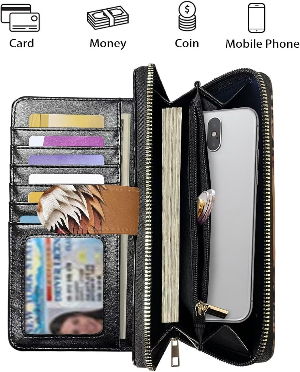 COEQINE Ladies Wallets Pink Leopard Heart Black Printed Leather Phone Long Clutch Purses Check Coin Change Holder