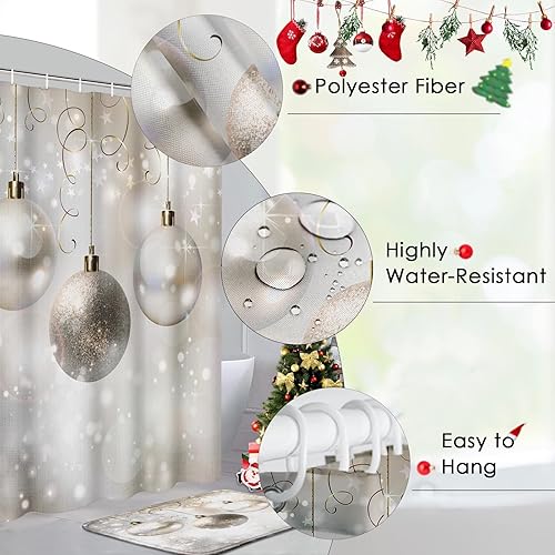 Miniatura 6 de Britimes Juego de cortinas de ducha de 4 piezas, bolas de noche de Navidad, bolas plateadas con alfombras antideslizantes, cubierta para tapa de