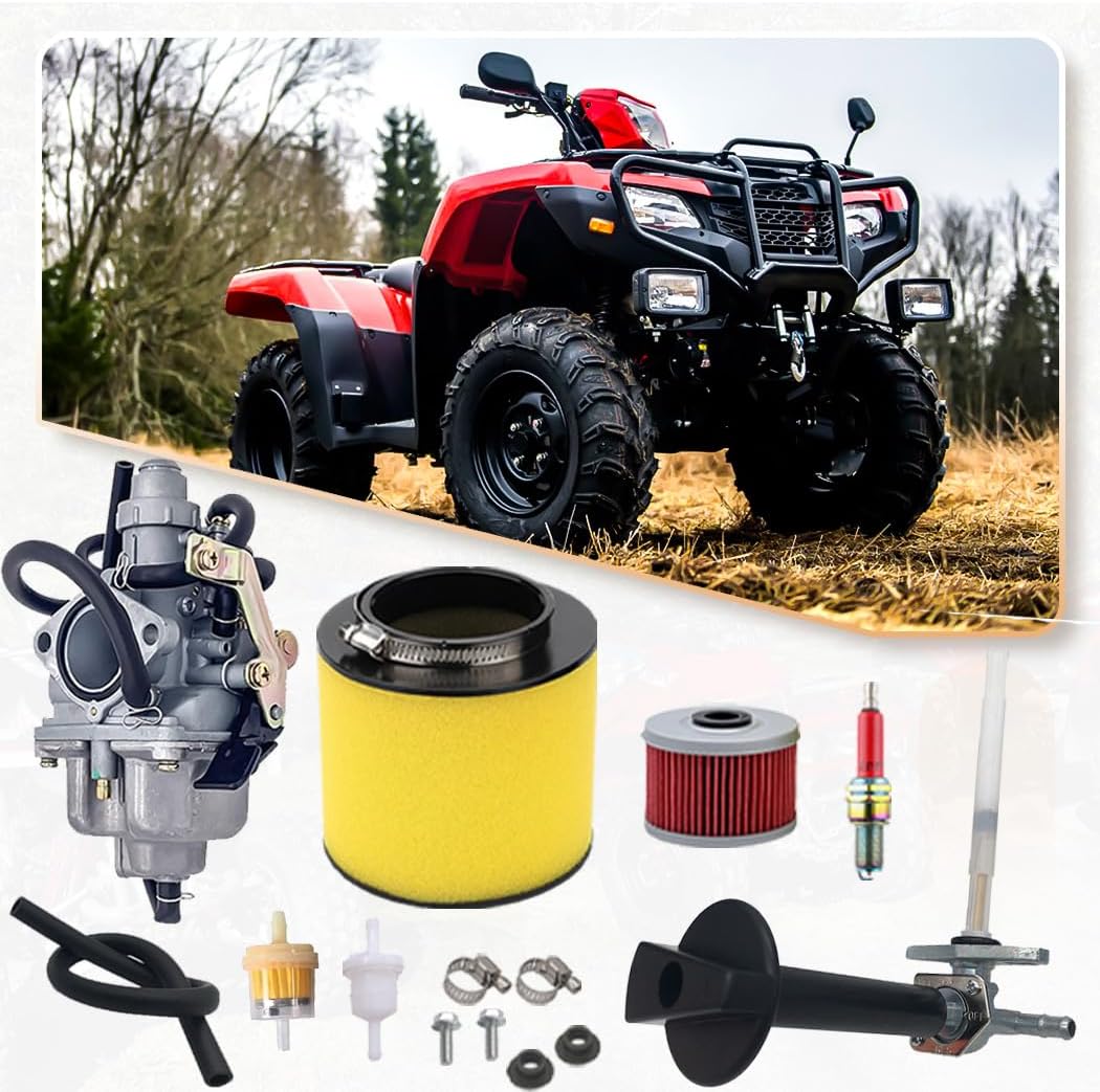 Recon 250 Carburetor with Fuel Tank Petcock Valve Set Fits for Honda TRX 250 Recon250 TRX250TM TRX250TE ATV Carb w/Air Filter Oil Filter Spark Plug 16100-hm8-b01