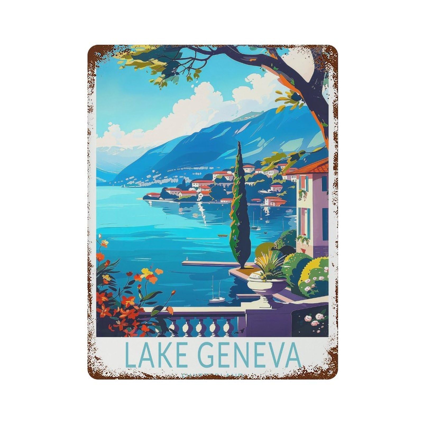 xiaoxiaoshen Lake Geneva Switzerland Travel Lakes Decor, Wedding Present Wall Decor Art Metal Tin Poster Modern Home Decor Art Home Bar Shop Decorations Vintage Sign 40x30cm