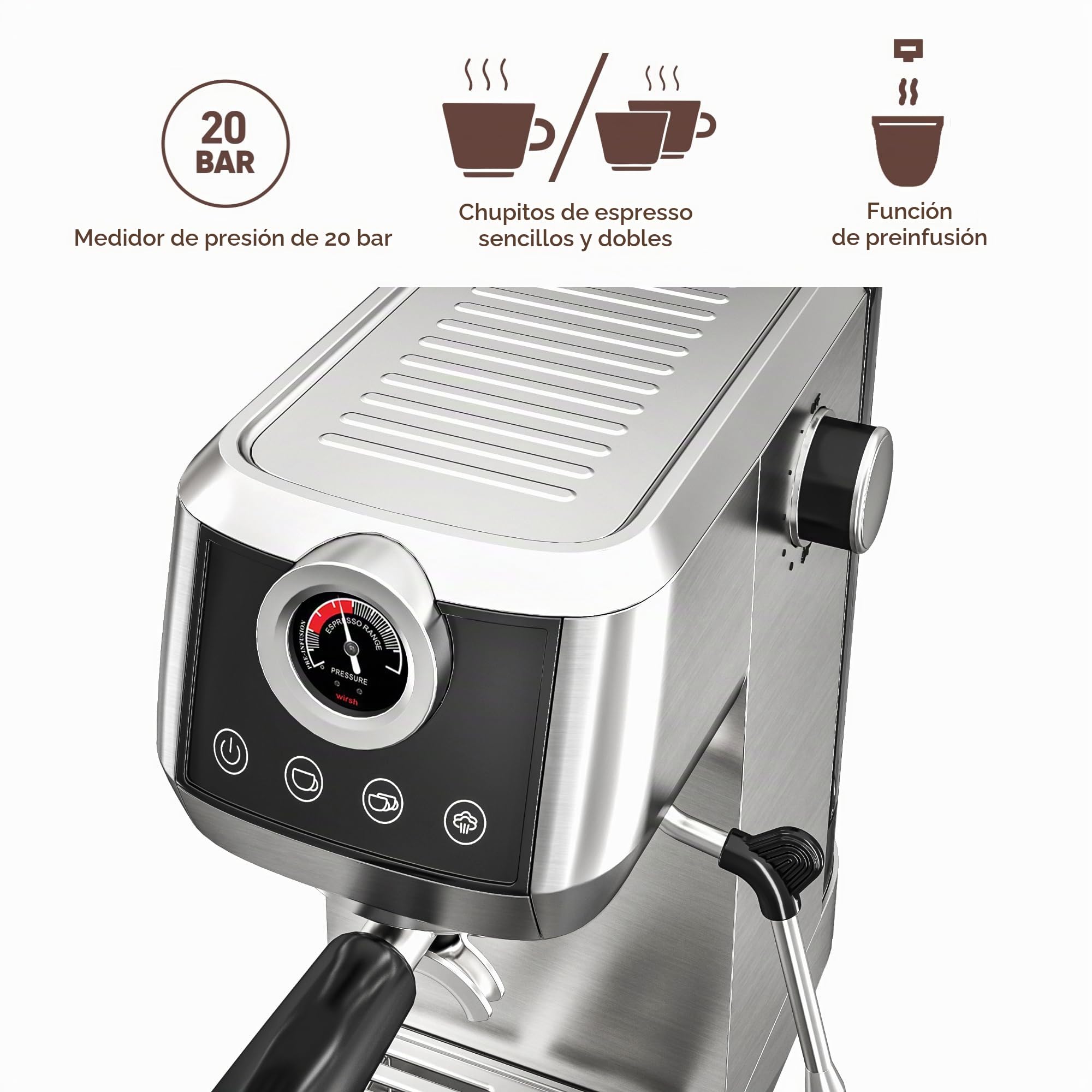 wirsh Máquina de expreso, cafetera espresso de 15 bares con vaporizador comercial para café con leche y capuchino, cafetera espresso con tanque de agua extraíble de 40 onzas, acero inoxidable completo