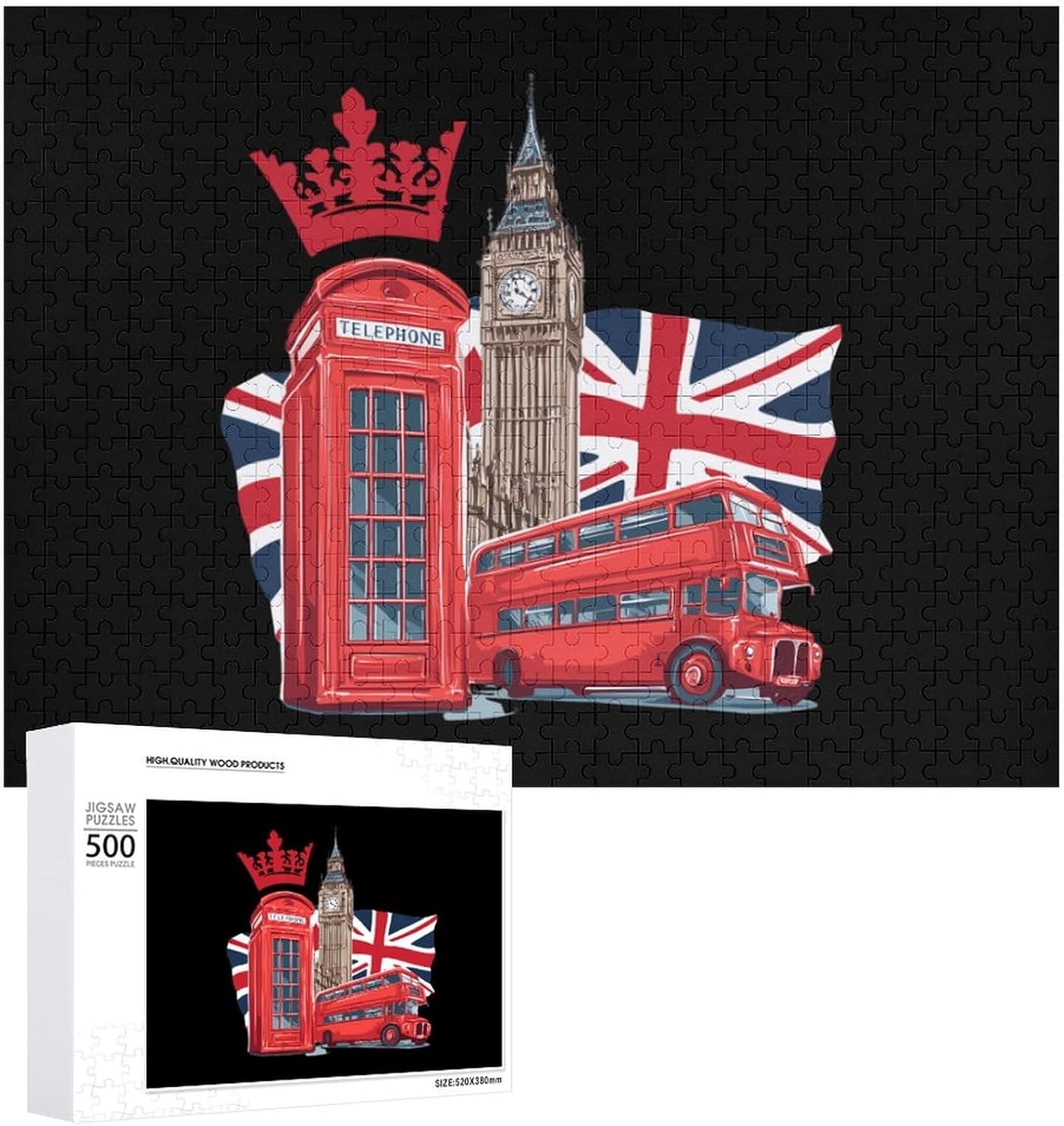 London Union Jack Flag Bus Telephone Big Ben Puzzles for Adults 500 PCS Wooden Jigsaw Puzzle Wall Decor Christmas