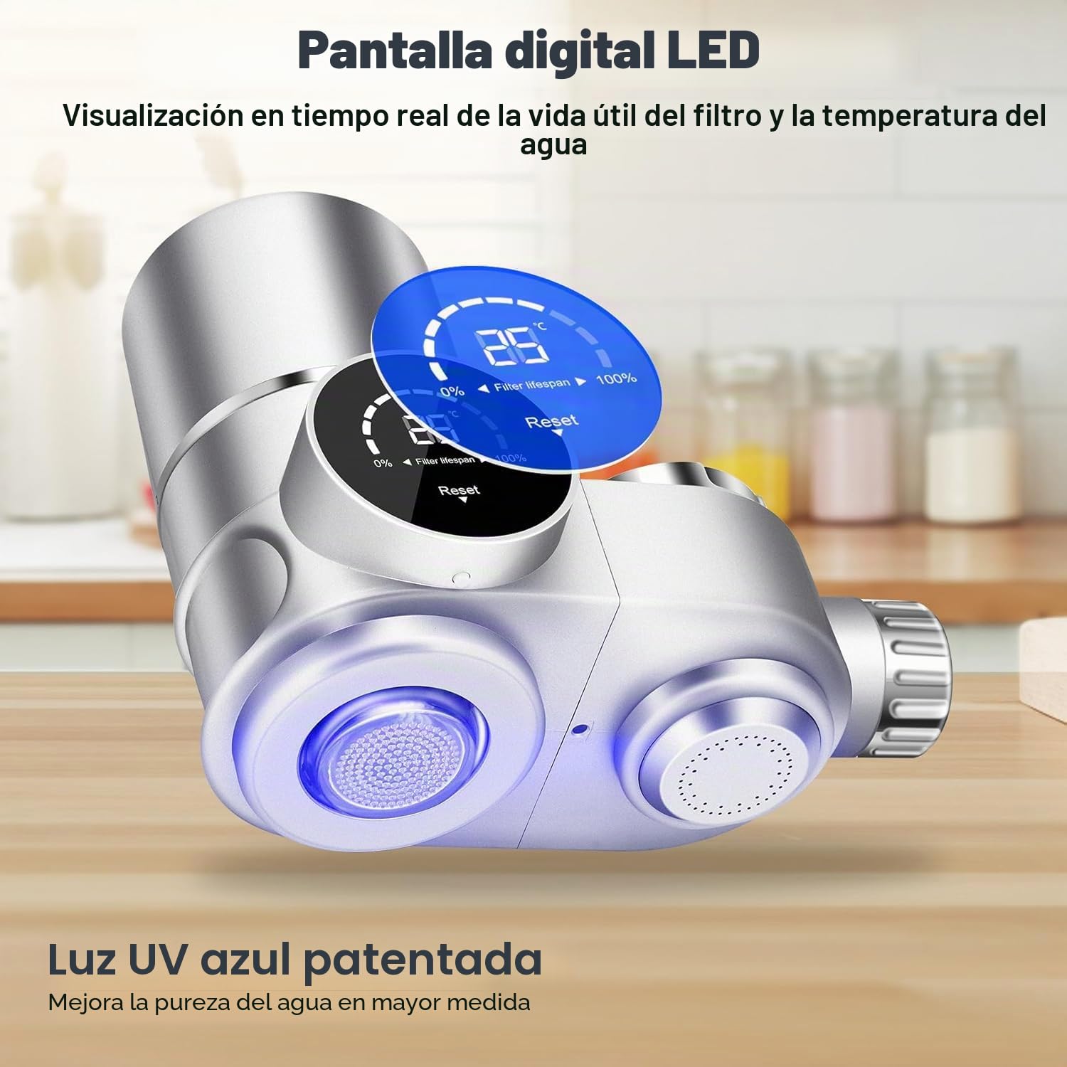 Filtros de agua para grifo, con luz UV e indicador LED, incluye 3 cartucho, Elimina plomo, cloro y metales pesados