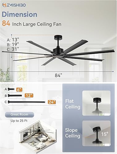 Miniatura 6 de ZMISHIBO Ventilador de techo industrial con motor CC de 84 pulgadas, ventilador de techo grande con 8 cuchillas reversibles, 3 varillas