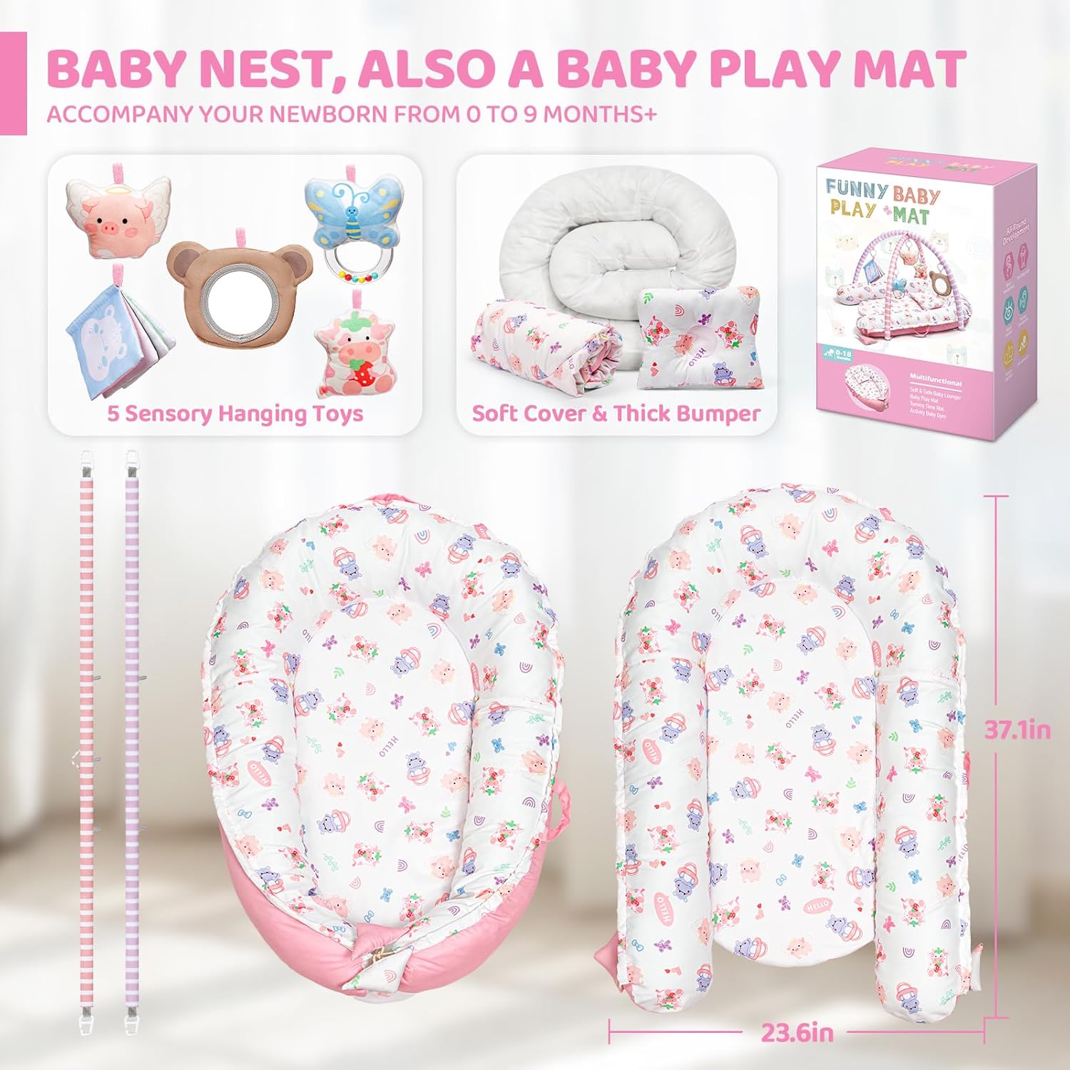 Pink Baby Play Mat, 7-in-1 Infant Gym Mat for Sensory and Motor Development, Washable & Portable Newborn Tummy Time Activity Mat for Home & Travel, Babies Gift for 0-3-6-9-12-18 Months - Image 8