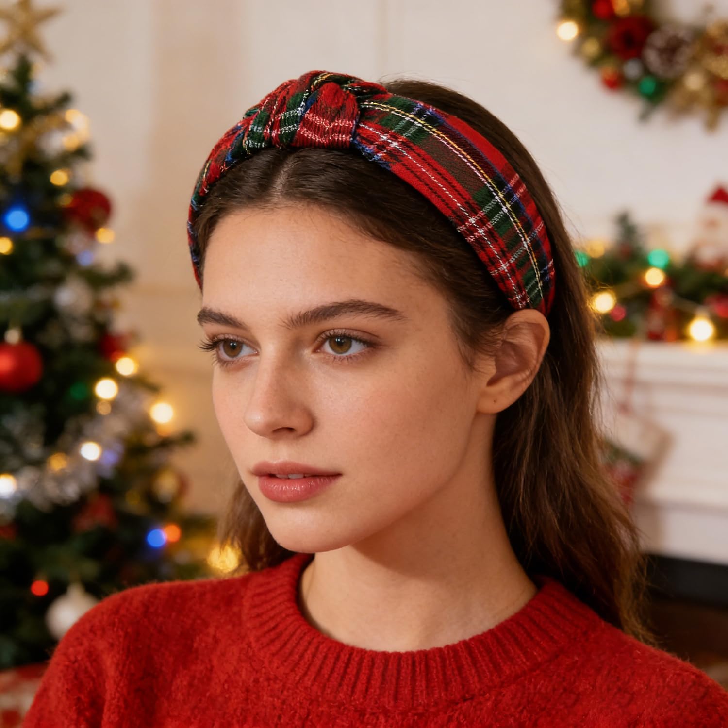 Christmas Headbands for Women Red Plaid Knotted Headband Wide Hairband Christmas Holiday Party Headband Hair Accessories Gifts for Girls - Image 2