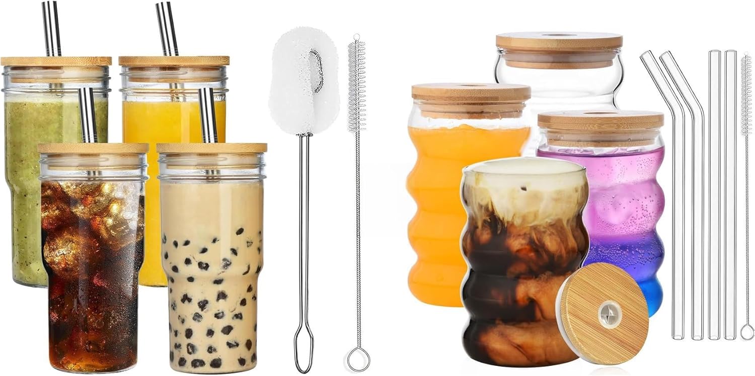 ALINK Drinking Glasses with Lids and Straws, Water Cups with Brush