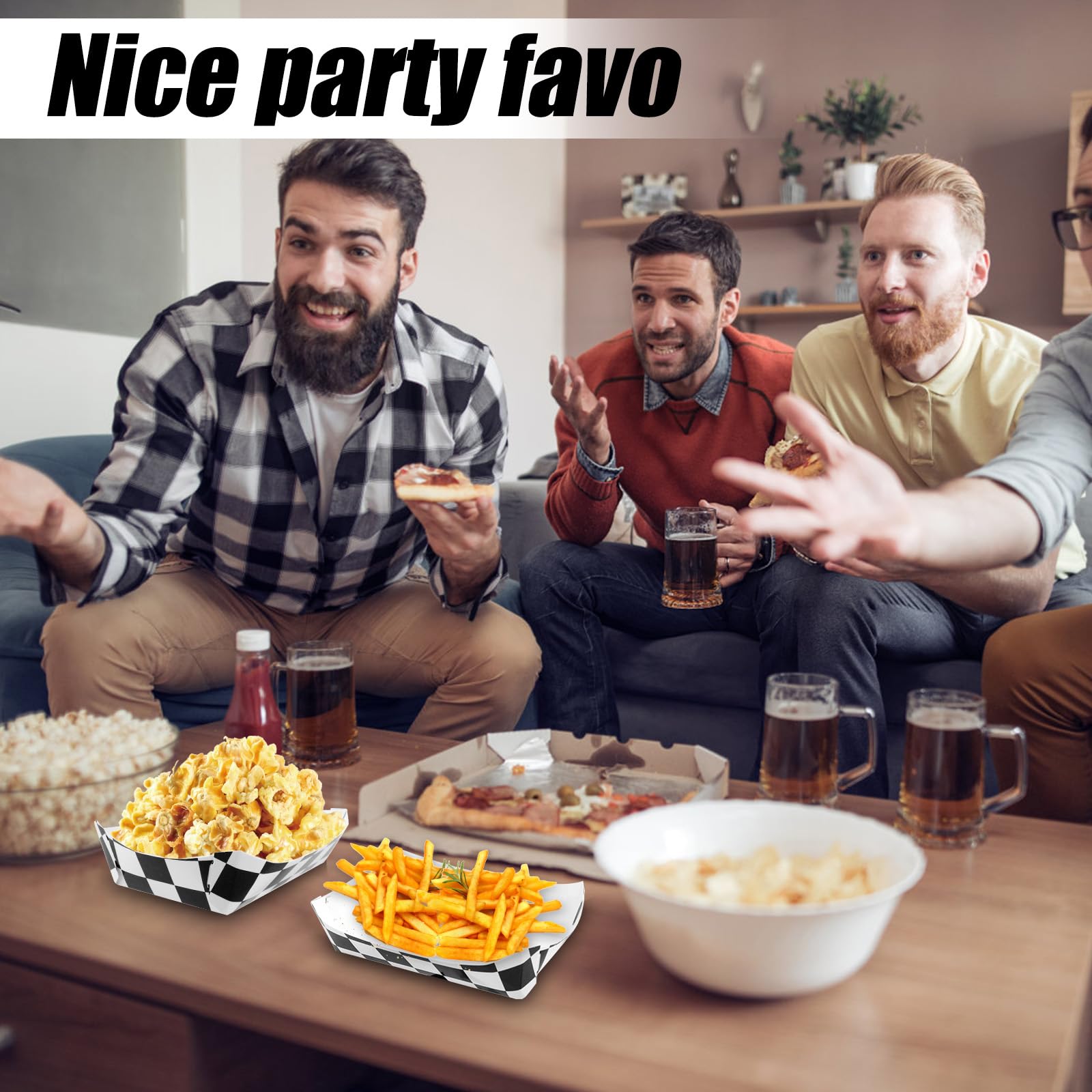 BOXOB 24szt Tacek na Żywność z Papieru Wyścigowego, Czarno-Białe Kratkowane Pudełka Tace do Serwowania Żywności Imprezę Urodzinową o Tematyce Wyścigowej na Popcorn Frytki Przekąski, Należy Złożyć