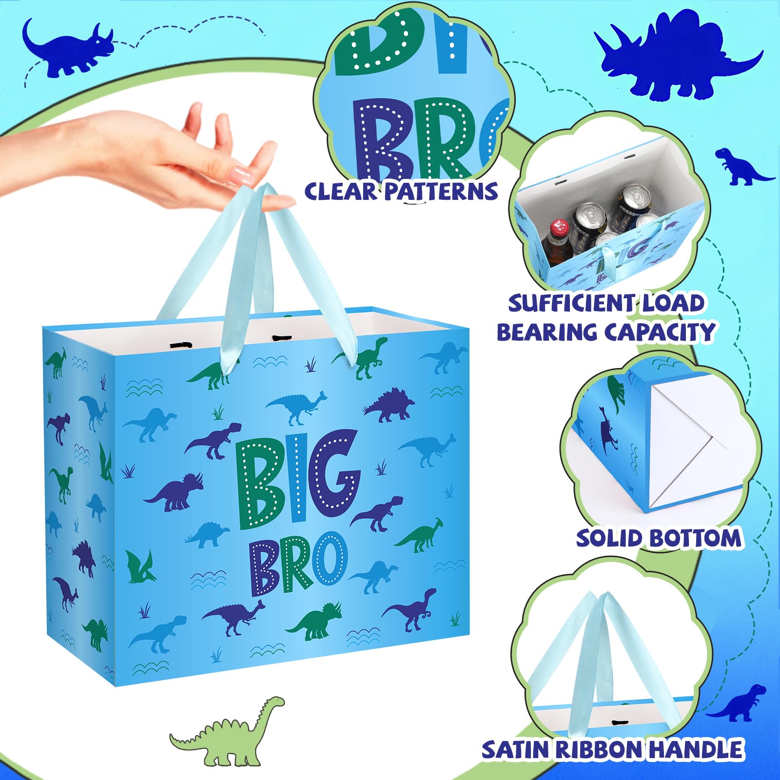 Big Brother Gift Bag for Boys, Cute Big Bro Gift Bag with Tissue Paper and Greeting Card Blue Wrapping Paper Cartoon Dinosaur New Brother Party Decoration for Little Boy Birthday Party Supplies