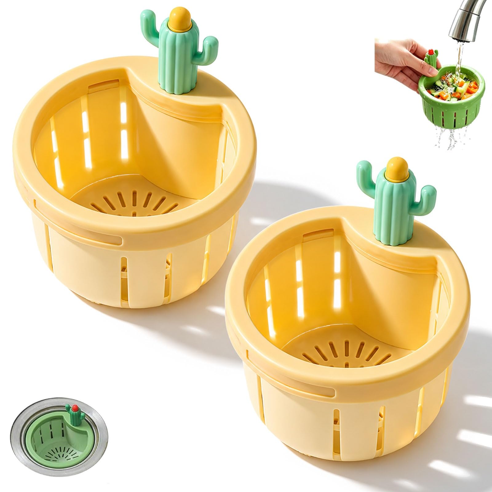 Cactus Kitchen Sink Drain Strainer, Cactus Sink Strainer Basket, Press-to-Lift Automatic Dumping Basket, Self-Cleaning Food Residue Collector(YELLOW*2)