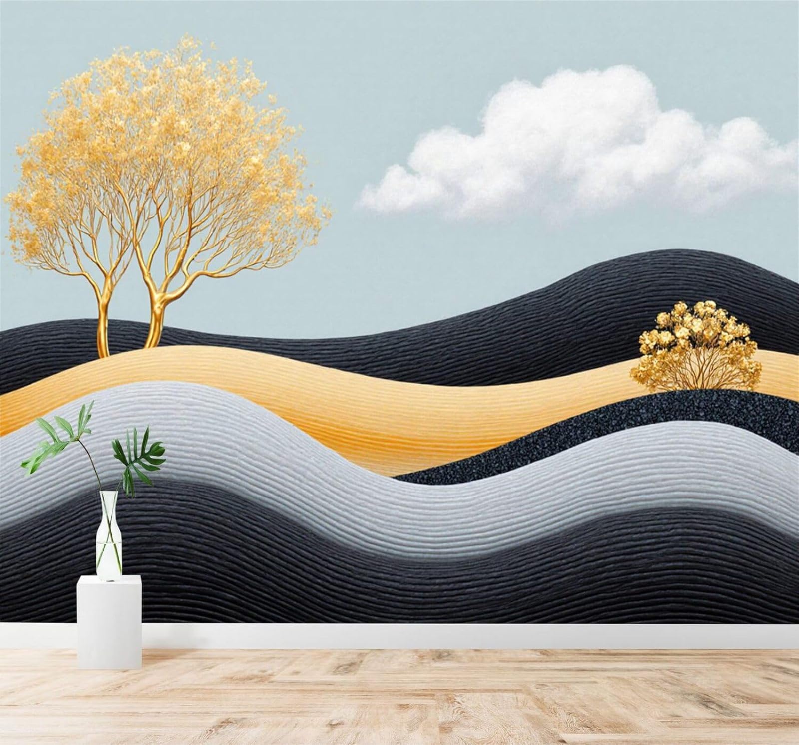 Xlming 400Cm×280Cm(B×H) Golden Trees Abstract Undulating Hills Clouds Landscape 3D Wallpaper Silky Texture Home Study Office Grey Dining Room Sofa Bedroom Living Room Tv Backdrop-400Cm×280Cm