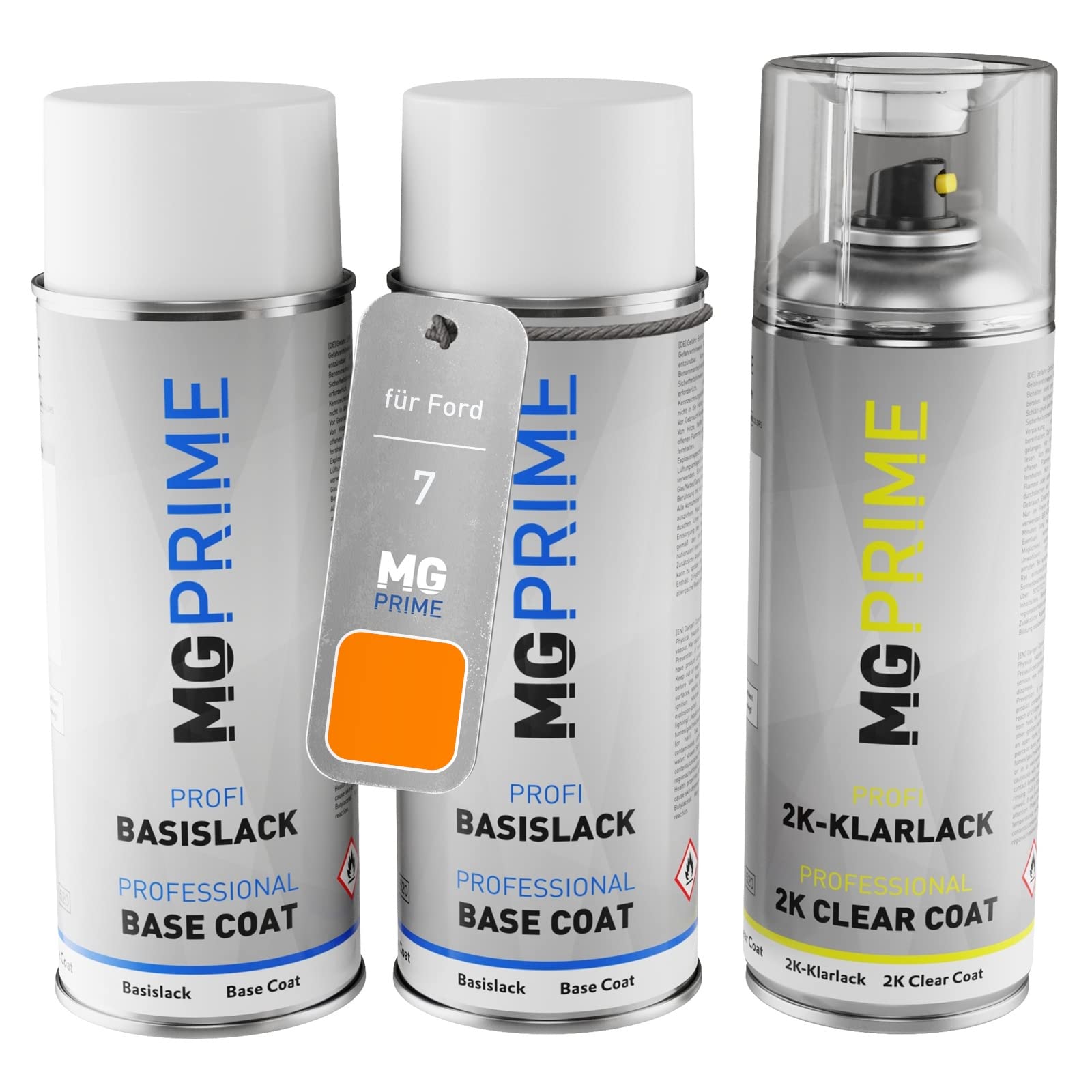 MG PRIME Bombolette vernice per Ford 7 / 6FSEWWA Electric Orange Pearl +2K | Electric Orange Metallic, Vernice per auto, Kit vernice di fondo + base + trasparente 2K, bombolette spray 400ml