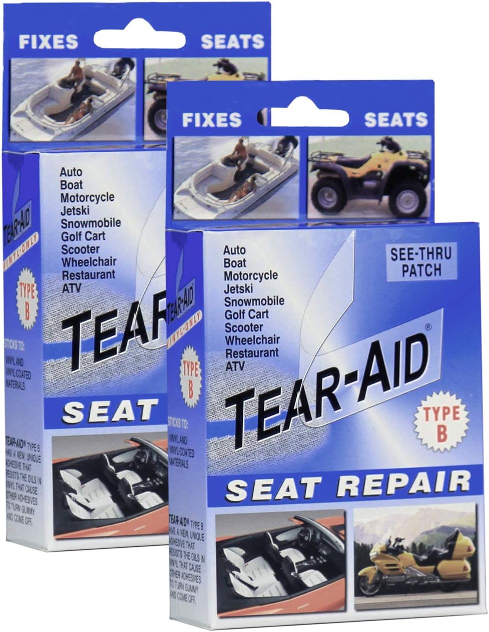 Tear-Aid Vinyl Seat Repair Kit, Type B Clear Patch for Vinyl and Vinyl-Coated Materials, Works On Cars, Motorcycles, Jetski, Boats & More, Blue Box
