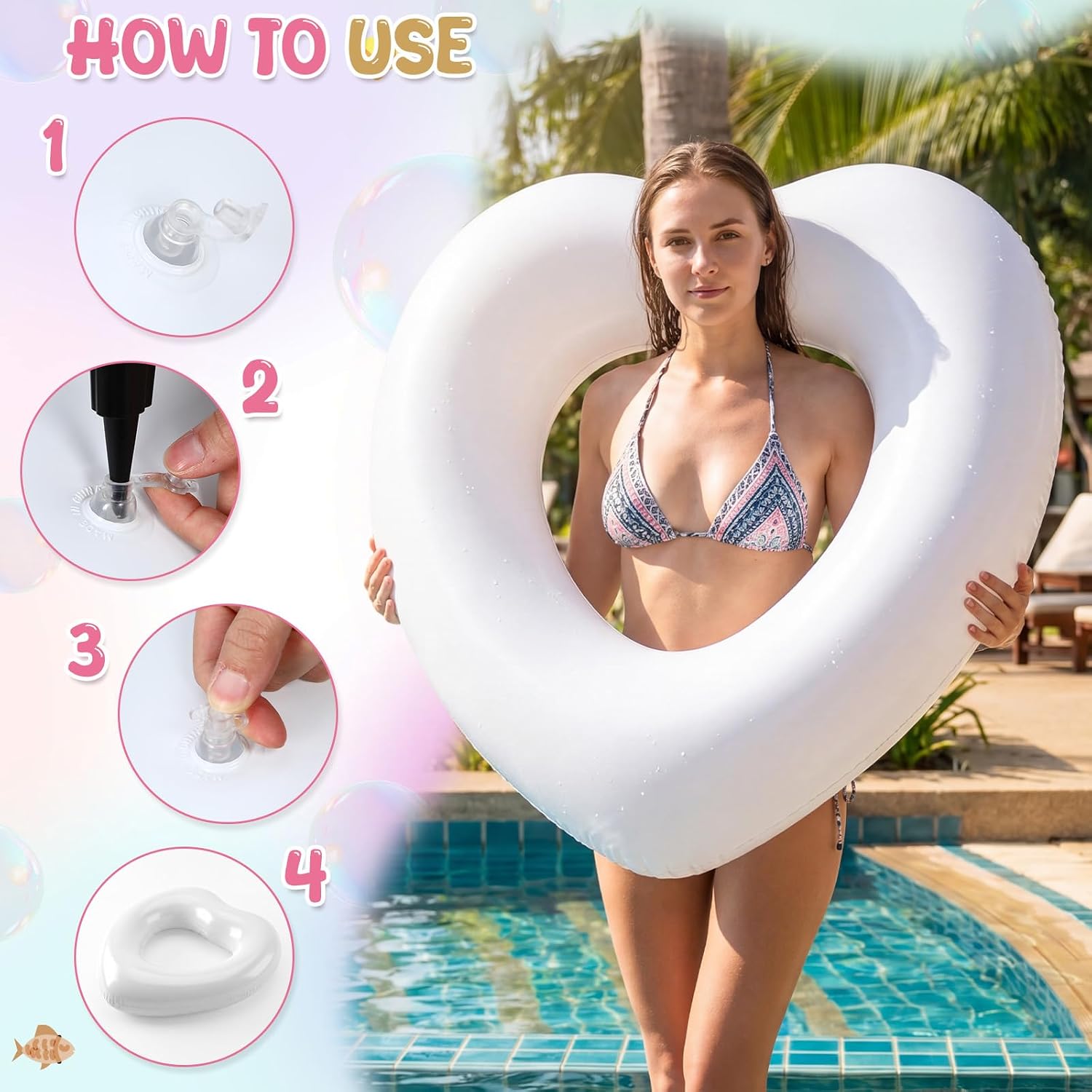 Lenwen 5 Pcs Inflatable Heart Pool Float for Adults with Glitter Beach Ball Bachelorette Party Heart Shaped Swim Rings Tube for Summer Swimming Pool Party Decoraion, 31 x 28 Inch