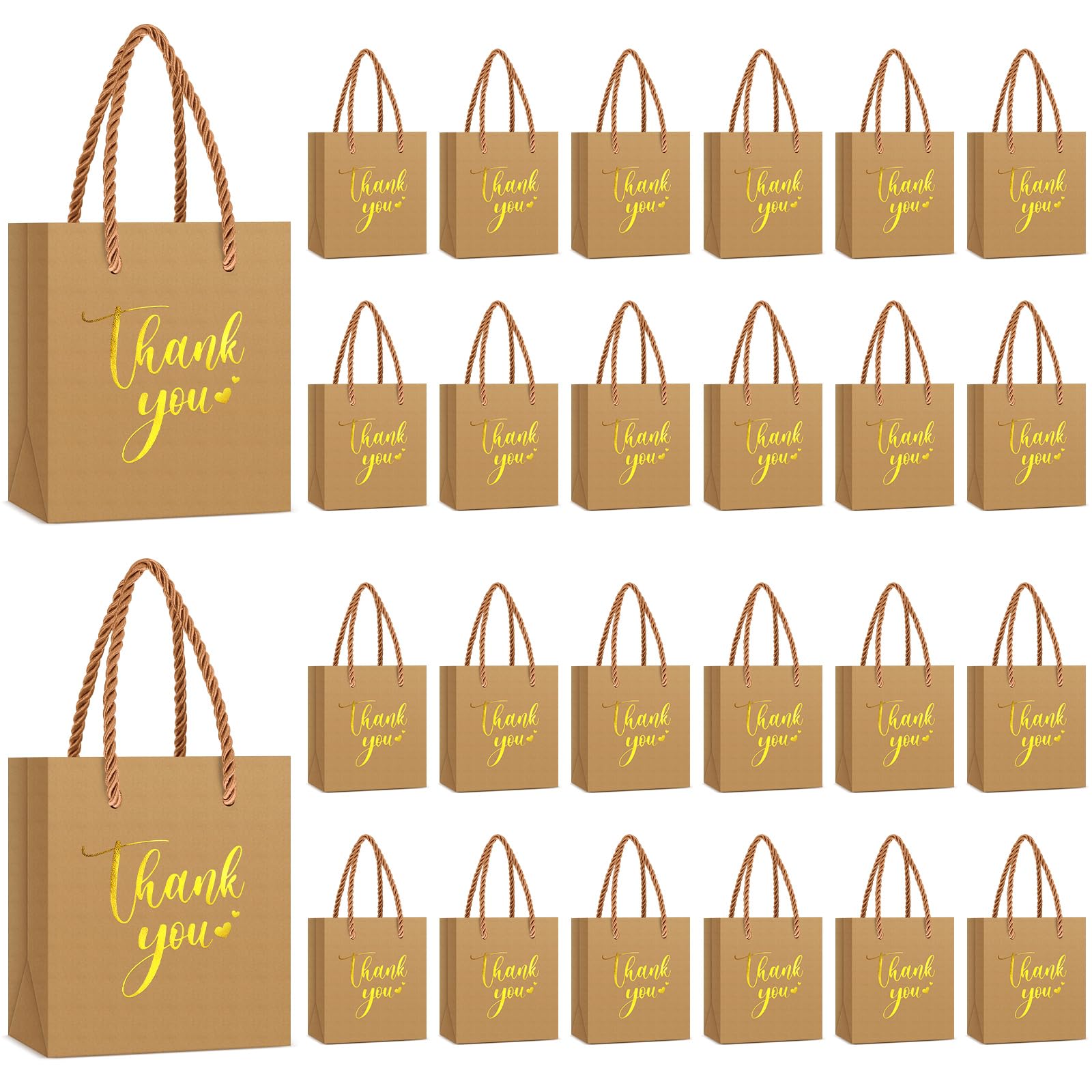 Honoson 30 Pcs Mini Gift Bags with Handles 4 x 2.75 x 4.5'' Small Thank You Paper Bag Foil Christmas Gift Bag Wedding Gift Wrap Bag Birthday Party Favor Bag for Baby Shower (Kraft Color/Gold)