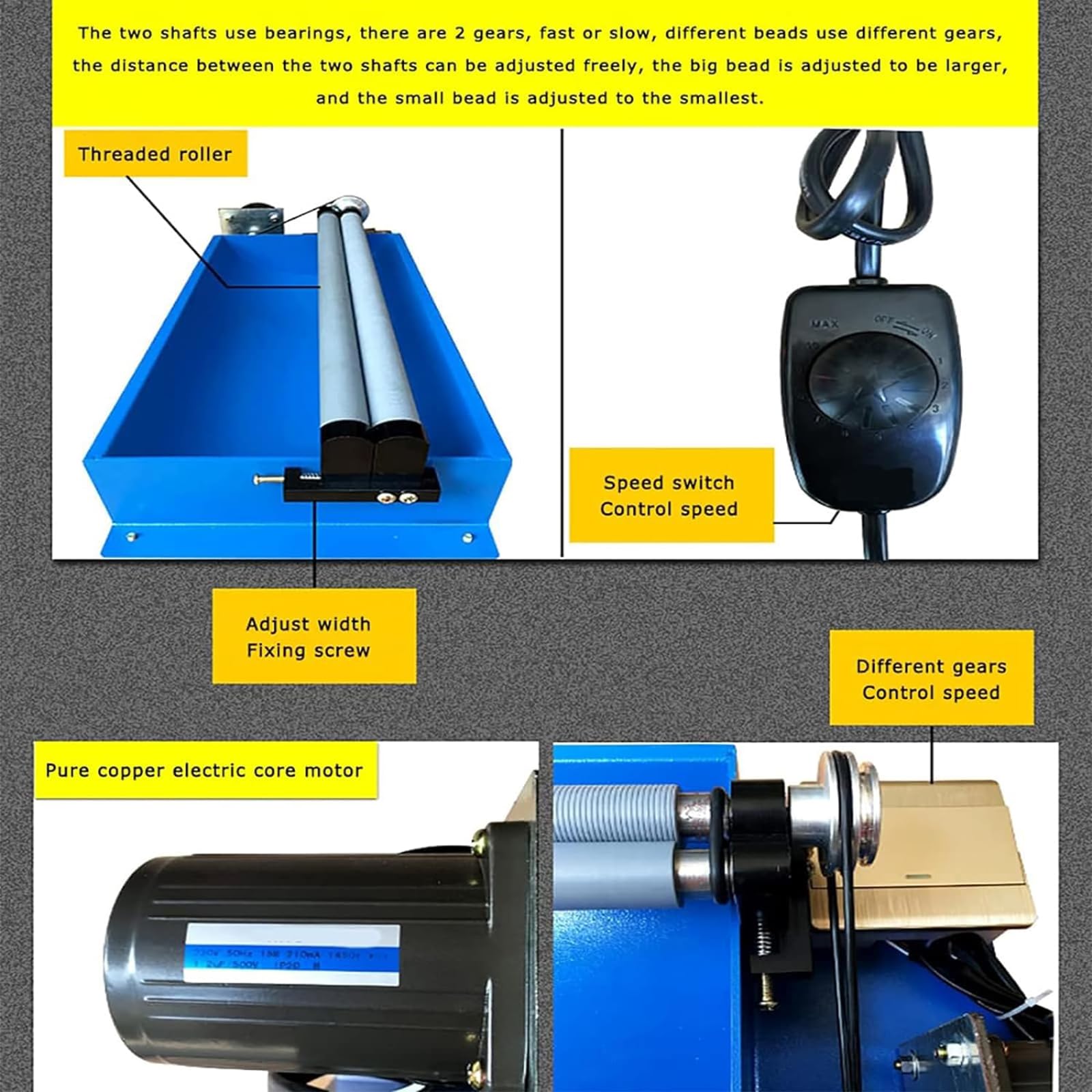 Máquina de abalorios, herramienta semiautomática para enhebrar cuentas, ancho y velocidad de rueda ajustables, 1450 rpm/min, ideal para hacer collares y pulseras