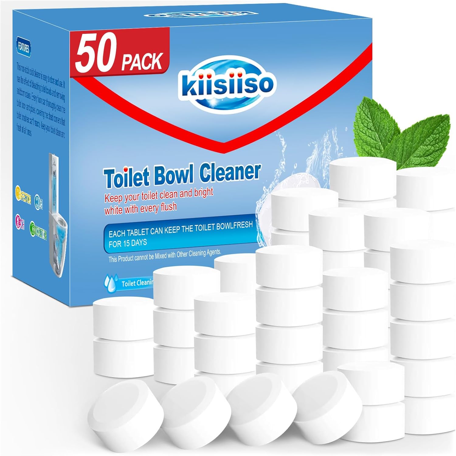 KIISIISO 50-Pack Toilet Tank Cleaner Tablets - Bleach Automatic Bowl Cleaners, 15-Day Stain Removal, Descaling & Deodorizing Freshness