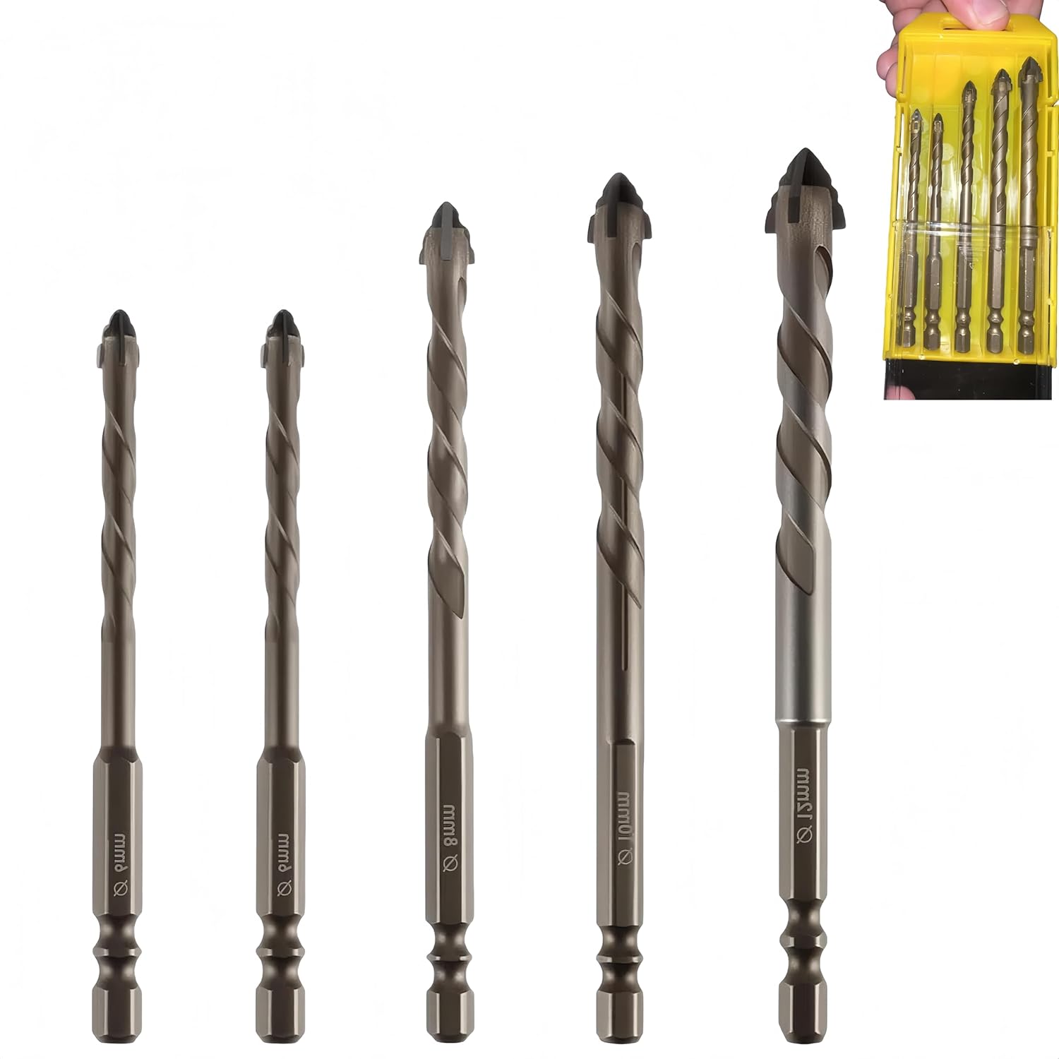 5PCS Four-Flute Sawtooth Eccentric Drill Bit Set - Tungsten Carbide Hex Shank Dry Drill Bits (6/6/8/10/12mm) for Concrete Masonry Glass Stone Wood Metal
