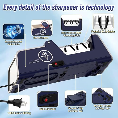 Miniatura 3 de Afilador de cuchillos eléctrico para cuchillos de 15 a 20 grados, 100% abrasivo de diamante, guías de precisión para bordes rectos y dentados y