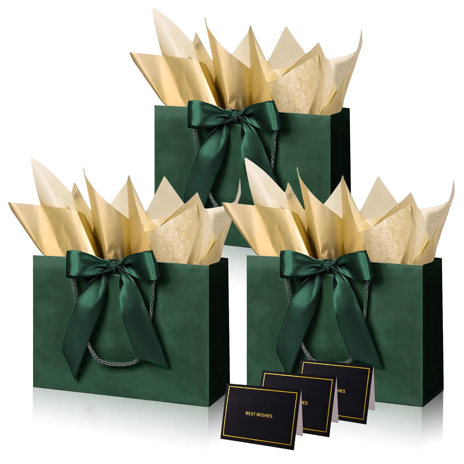 Dark Green Paper Gift Bags with Handles,3pcs Medium Gift Bags for Presents,Wrapping Gift-Bag with Bow Ribbon Tissue Papers and Cards,28 * 20 * 10cm Wrapping Bag for Christmas Birthday Wedding