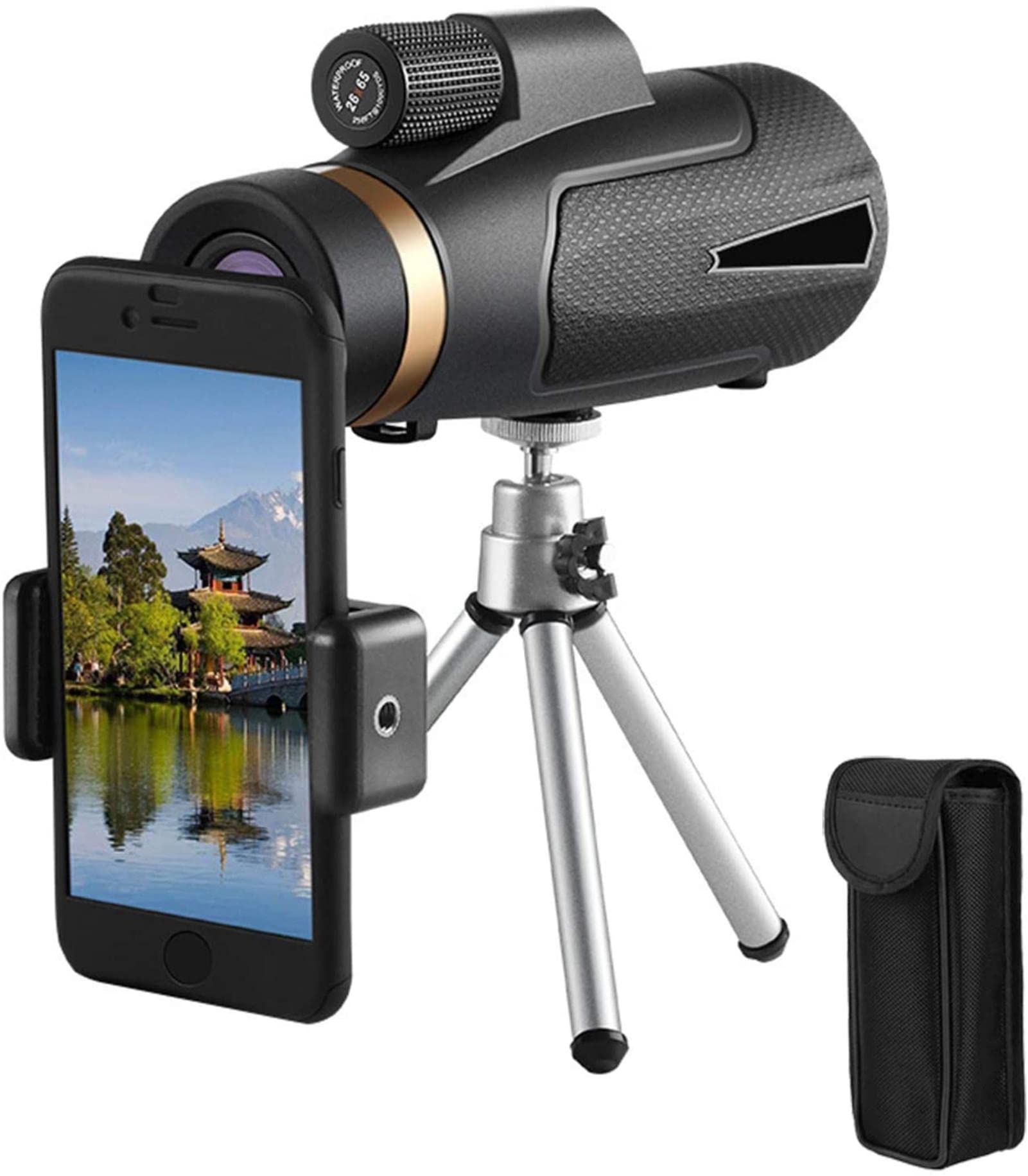 Monocolo Portatile Piccolo ad Alta Potenza 26X25 HD Monocolo Portatile Piccolo + Supporto per Smartphone e treppiede Impermeabile per Birdwatching Giro turistico Gioco con Pallone da Concerto