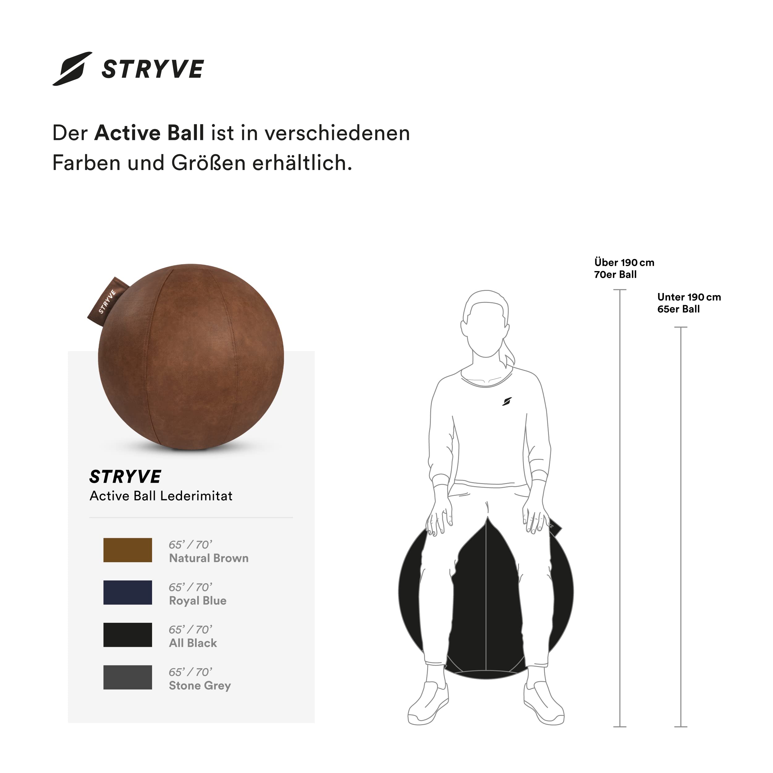 STRYVE Sitzball Büro 65,70cm - Ergonomischer Gymnastikball mit waschbarem Bezug und Wegrollschutz, inkl. Luftpumpe - Belastbar bis 150kg - Als Bürostuhl, Hocker