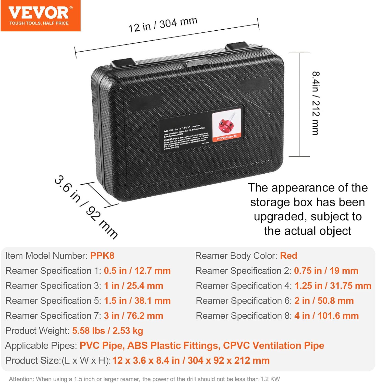 VEVOR PVC Pipe Reamer Kit, Aluminum Alloy, PVC Pipe Fitting Reamer Plumbing Tools Kit, Socket Saver for SCH 40 Pipe, Contains 1/2'', 3/4", 1", 5/4'', 3/2", 2", 3", 4'', for Water Lines, Drain Lines