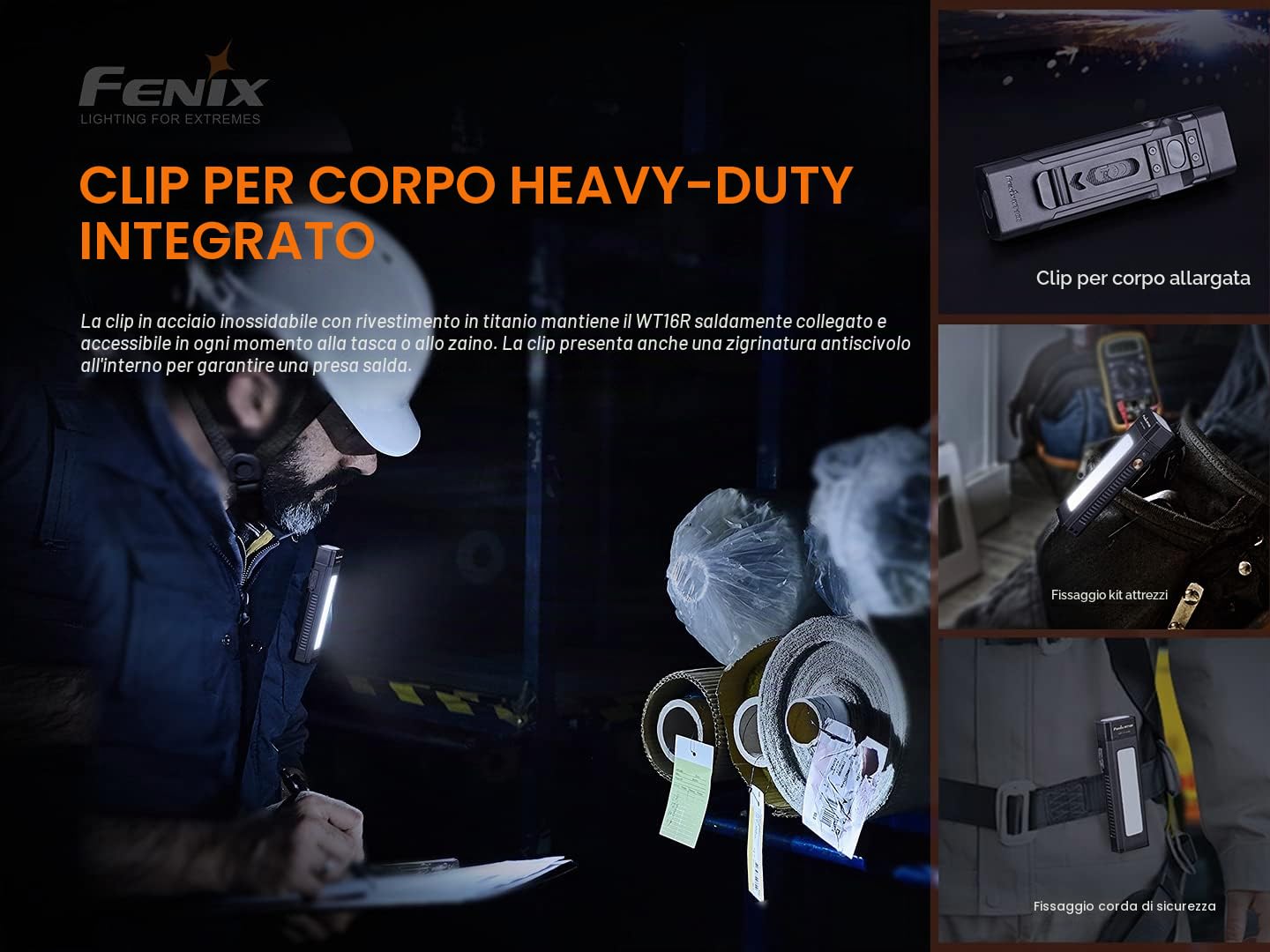 Fenix WT16R, torcia da lavoro ricaricabile e luce di area | 300 lumen | 115 m | max 30 ore | inondazione COB pannello laterale | modalità flash gialla | ampia clip corpo | base magnetica e pannello