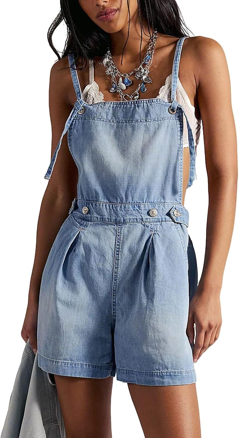 loveimgs Women Jean Overall Shorts Self Tie Spaghetti Straps Sleeveless Denim Romper Backless Baggy Jean Overalls Y2k Outfits
