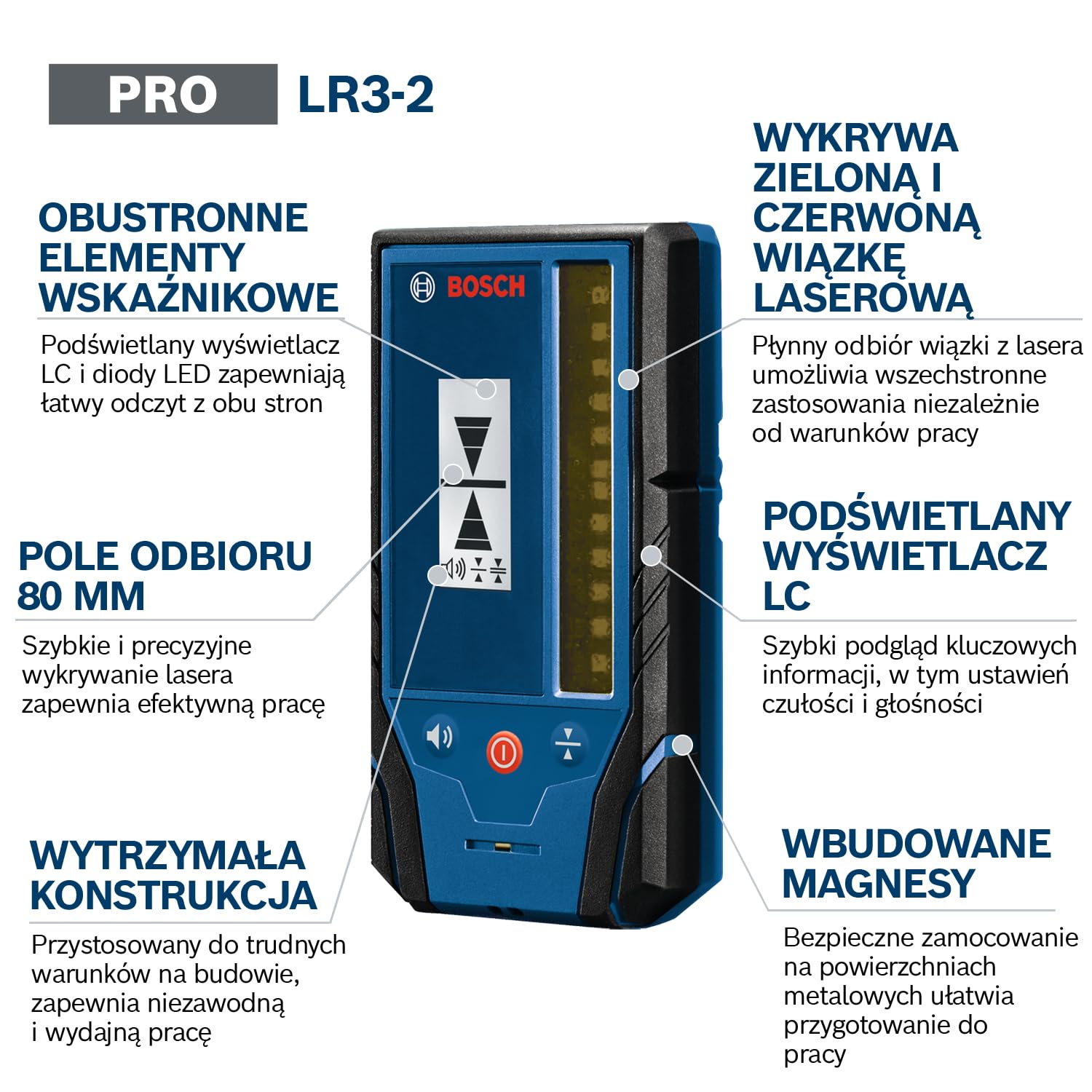 Bosch PRO Odbiornik Laserowy LR3-2 (obustronne elementy wskaźnikowe, pole odbioru 80 mm, kompatybilny z laserami obrotowymi wyposażonymi w zieloną lub czerwoną wiązką laserową, wbudowane magnesy)