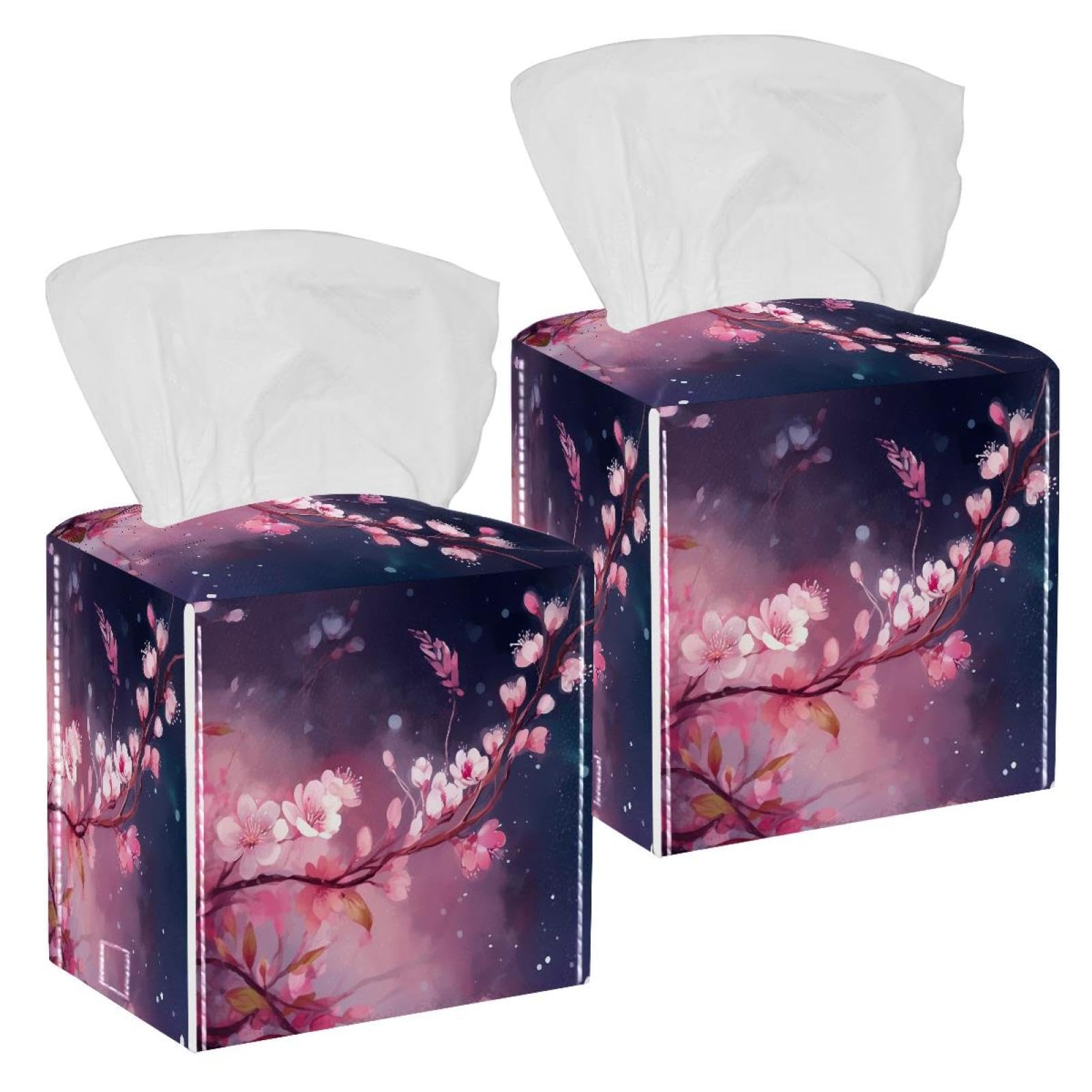 Cherry Blossoms Tissue Box Cover, 2 Pack PU Leather Square Facial Tissue Dispenser Box holder for Home Office Car