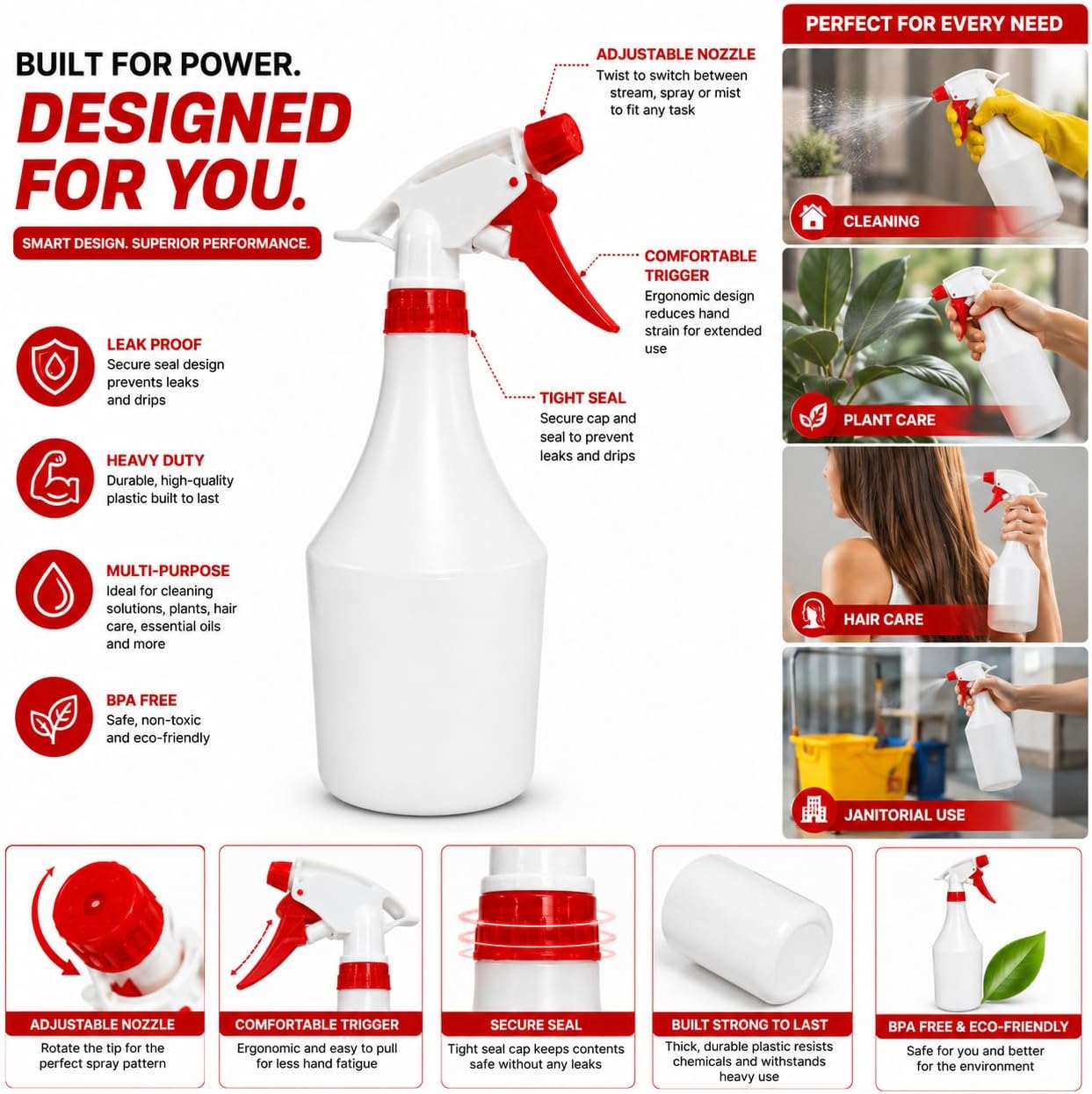 Plastic Spray Bottle, 3 Pack, 32 Oz with Adjustable Nozzle, Heavy Duty Leak Proof Mist Empty Water Bottle Sprayer for Cleaning, Chemicals, Hair, Planting & All-Purpose Use - (Red)
