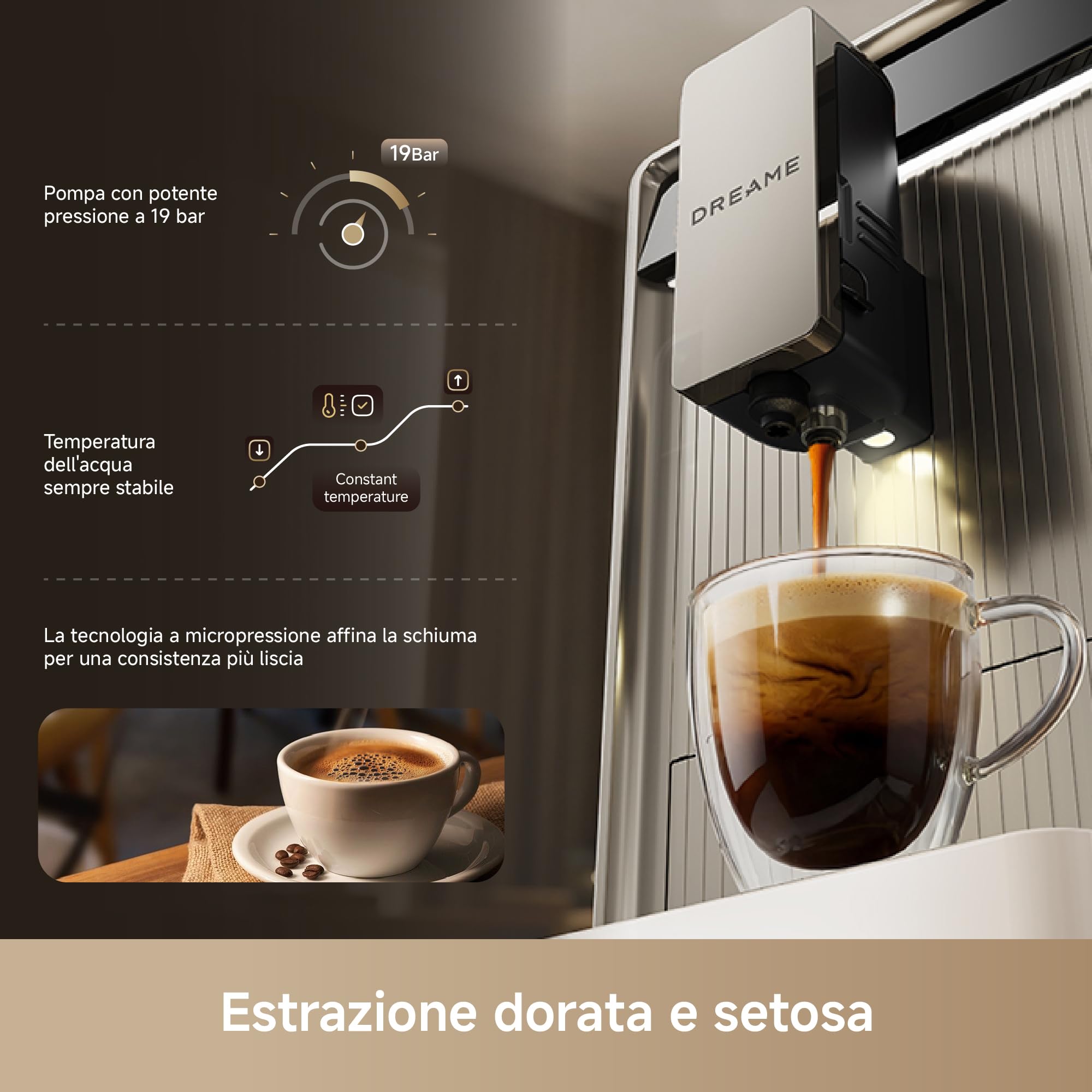 dreame Ecceluxe Slim Macchina da Caffè Espresso Completamente Automatica | Design Sottile 18 cm, Pulizia Facile, 5 Tipi di Caffè, Macinatura a 9 Livelli, Schermo Touch, Schiuma di Latte Vellutata