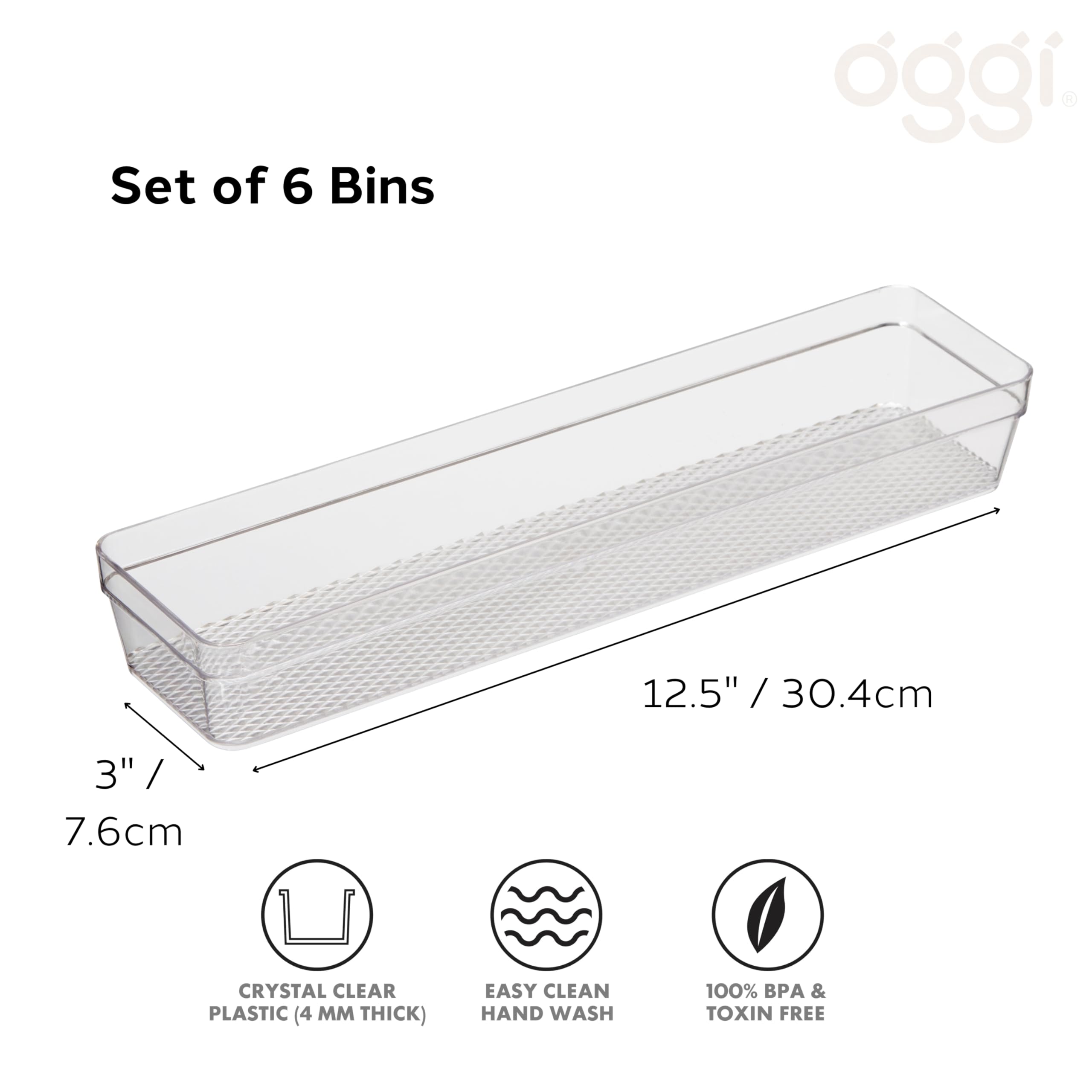 Oggi Przezroczysty organizer do szuflad – 7,6 x 31,8 cm (zestaw 6 sztuk) – idealny do organizowania szuflad kuchennych, biura, biurka, sztućców, przyborów kuchennych, kosmetyków i łazienek