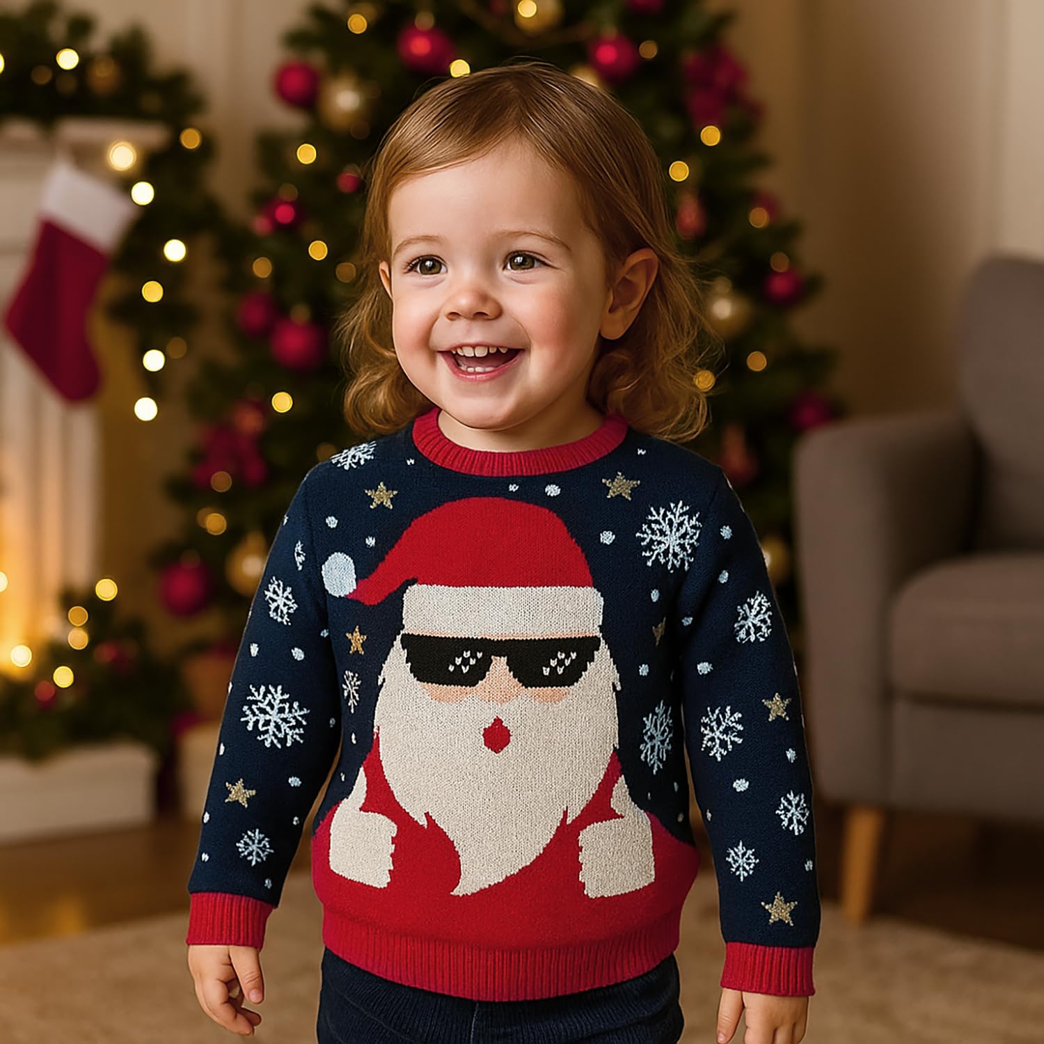 Jersey Navideño Niño 100% Poliéster Estampado Cuello Redondo Multicolor Manga Larga