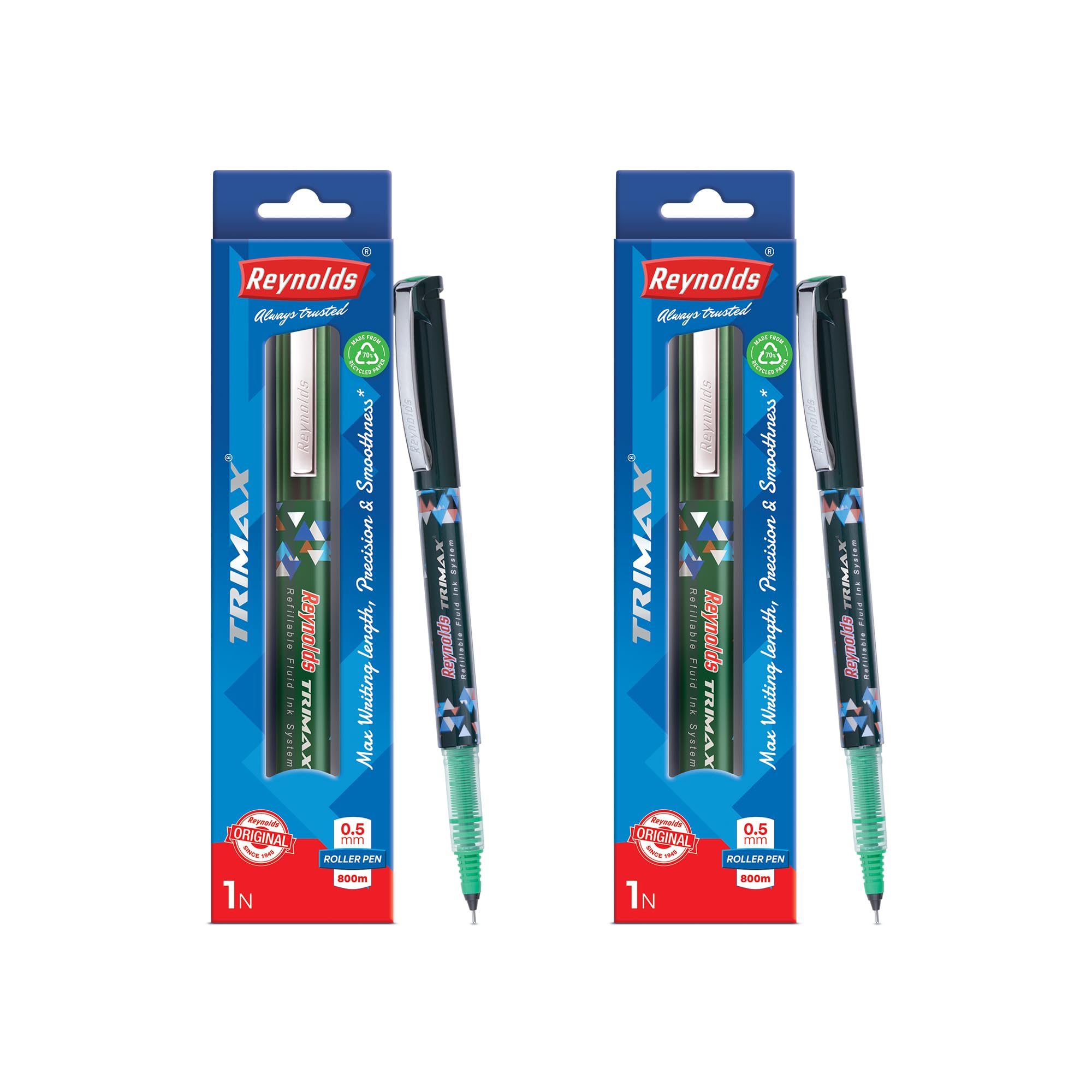Reynolds TRIMAX 2 CT POUCH - GREENI Lightweight Roller Pen With Comfortable Grip for Extra Smooth Writing I School and Office Stationery | 0.5mm Tip Size