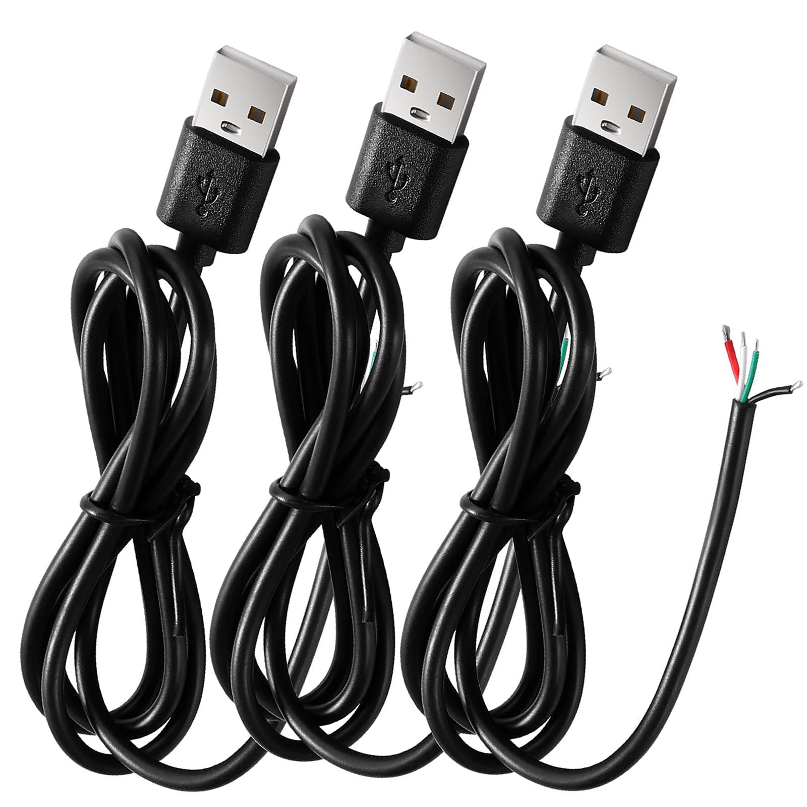 MejaRizon 3 Stück USB-A Stecker, Pigtail offenes Ende Stromkabel 5V 3A 100cm 1m 4-poliger Draht DIY Pigtail-Kabel, für USB Geräte Installed oder DIY Replace Repair Cable