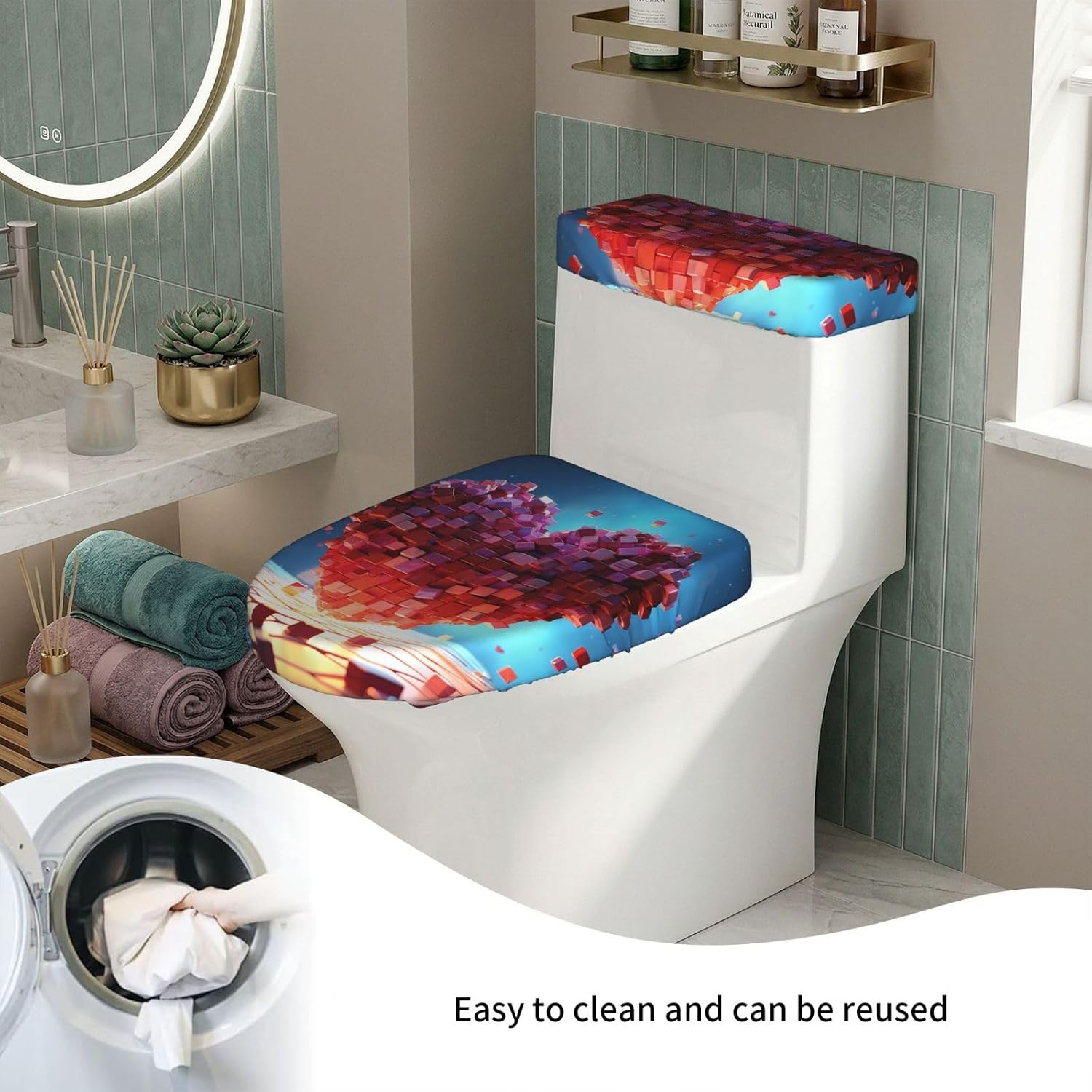 Love Heart Cubes Toilet Tank Cover And Toilet Lid Cover Set Stretch Bathroom Toilet Lid Seat Cover