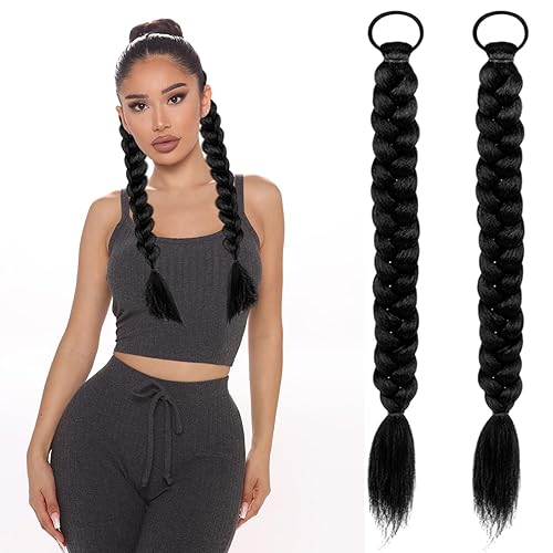 2 Pcs Synthetic Long Twist Braid Ponytail Extensions rubber band