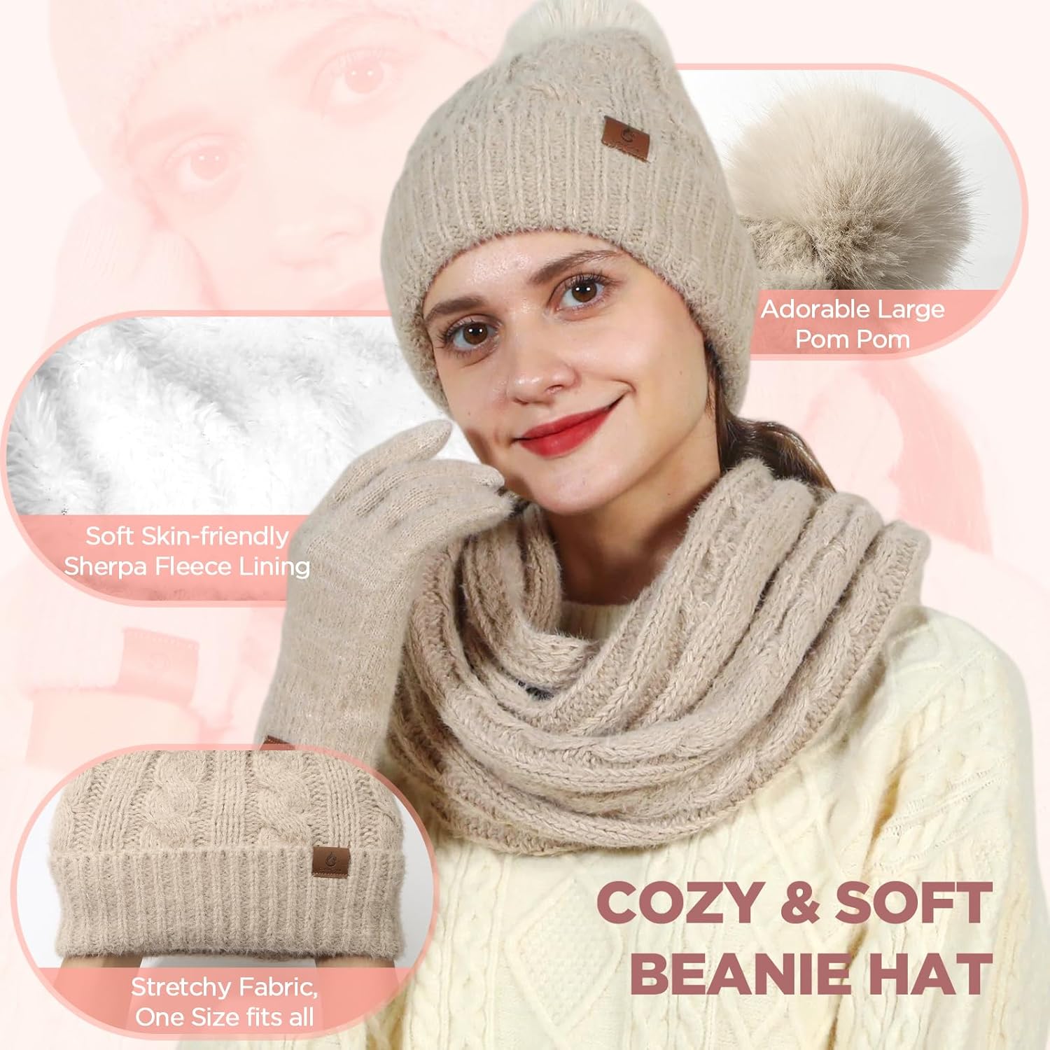 Womens Beanie Hat Infinity Scarf Touchscreen Gloves Fleece Headband 4 in 1 Winter Clothes Set Gifts for Women - Image 2