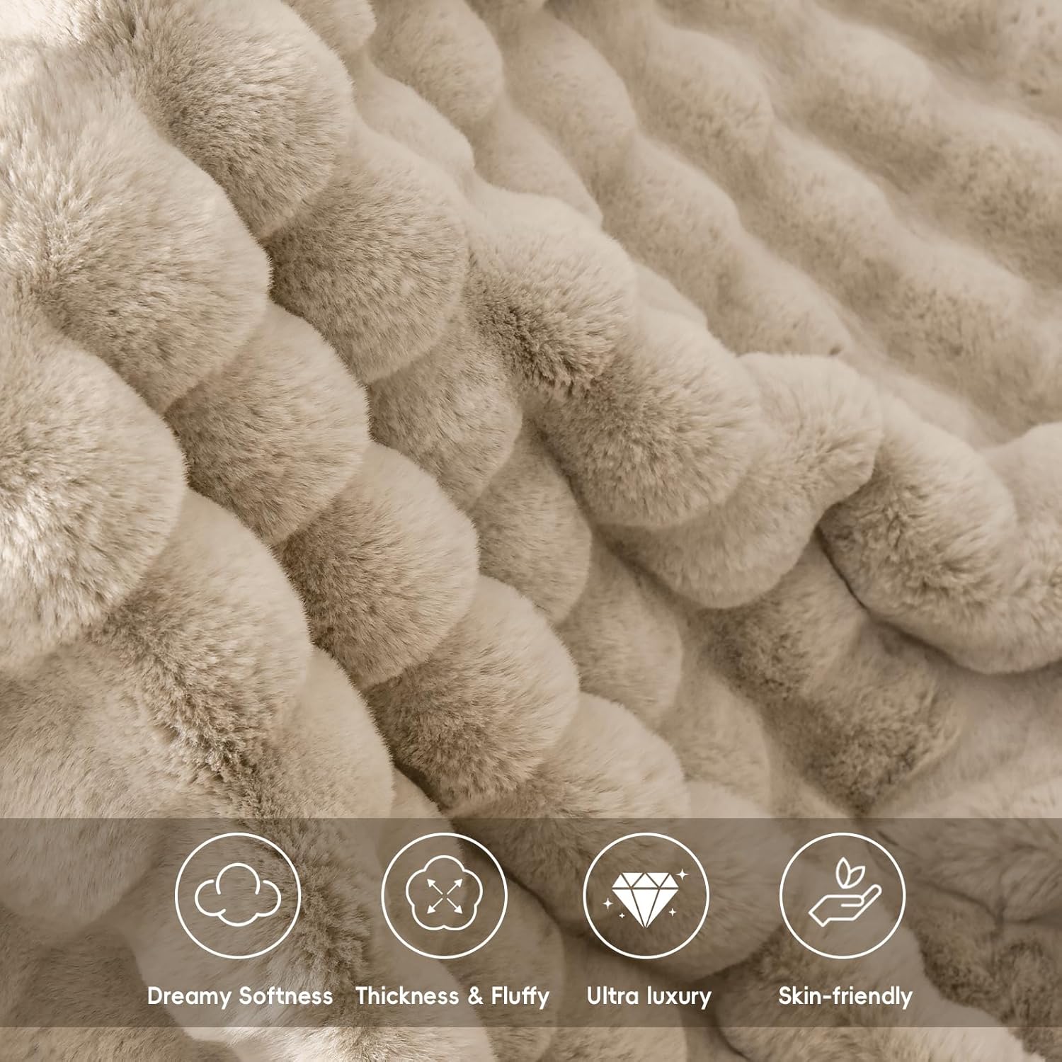 PHF Luxury Faux Rabbit Fur Throw Blanket, Ultra Soft Fluffy Plush Cozy Warm Bubble Blanket for Bed, Couch, Chair, Sofa Decorative, Thick Reversible Throw Suitable for Fall & Winter, 50" x 60", Oak - Image 2