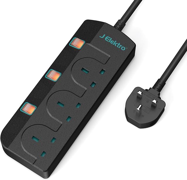 Extension Lead, J Elektro 3M Extension Lead with Switches, Multi-Sockets 3 Way Outlets UK Plug Extension Cord - Black