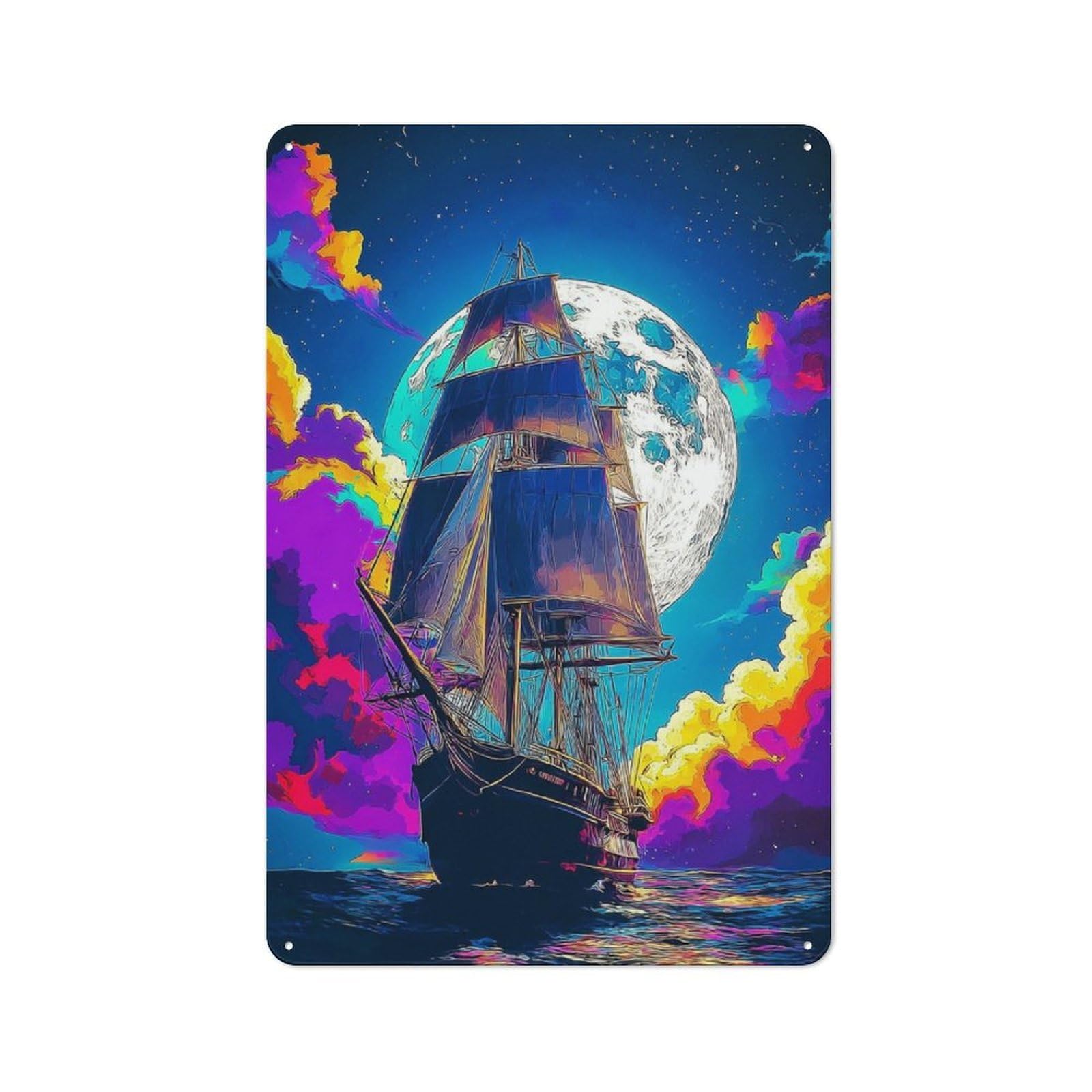 Junmoney Colorful Moonlit Sailing Adventure Metal Wall Plaque 30X20cm, Everyday Small Space Decor For Flat, Dorm Room, Lounge Or Cafe
