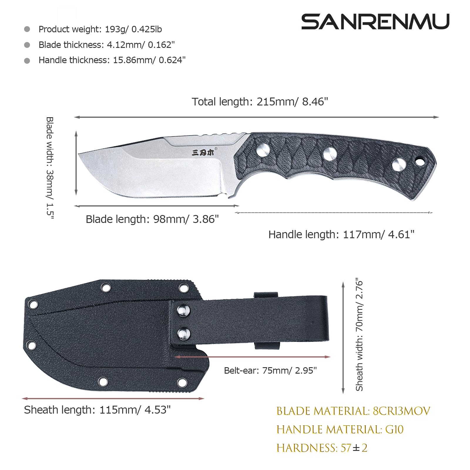 Sanrenmu Fixed Blade Knife with Sheath Full Tang 3.86“ 8CR13MOV Blade EDC Outdoor Knife for Camping Survival Hiking (Black+White)