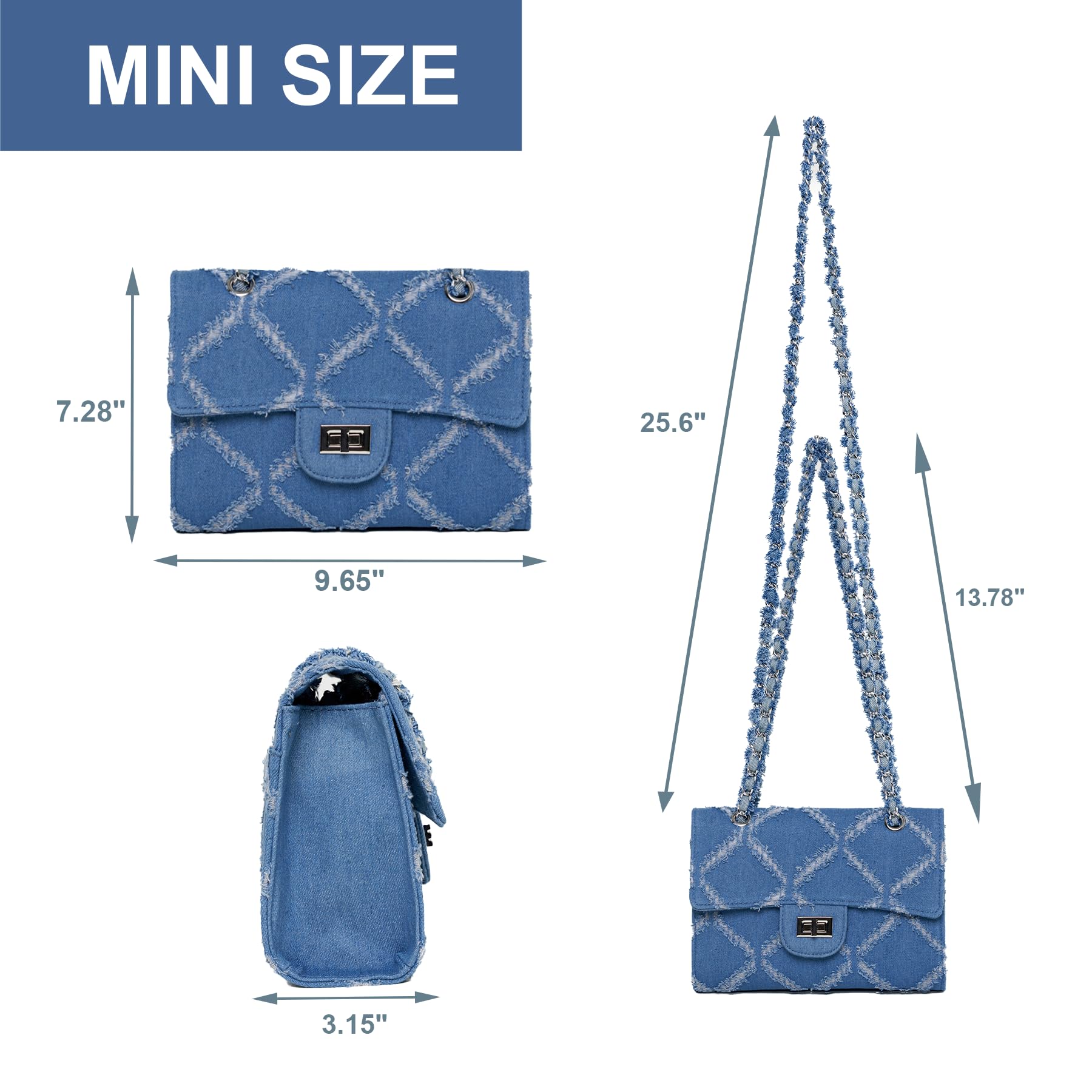 Arkefi Denim Purse for Women Quilted Crossbody Bag, Trendy Ladies Shoulder Bag Medium Flap Purse with Chain Strap