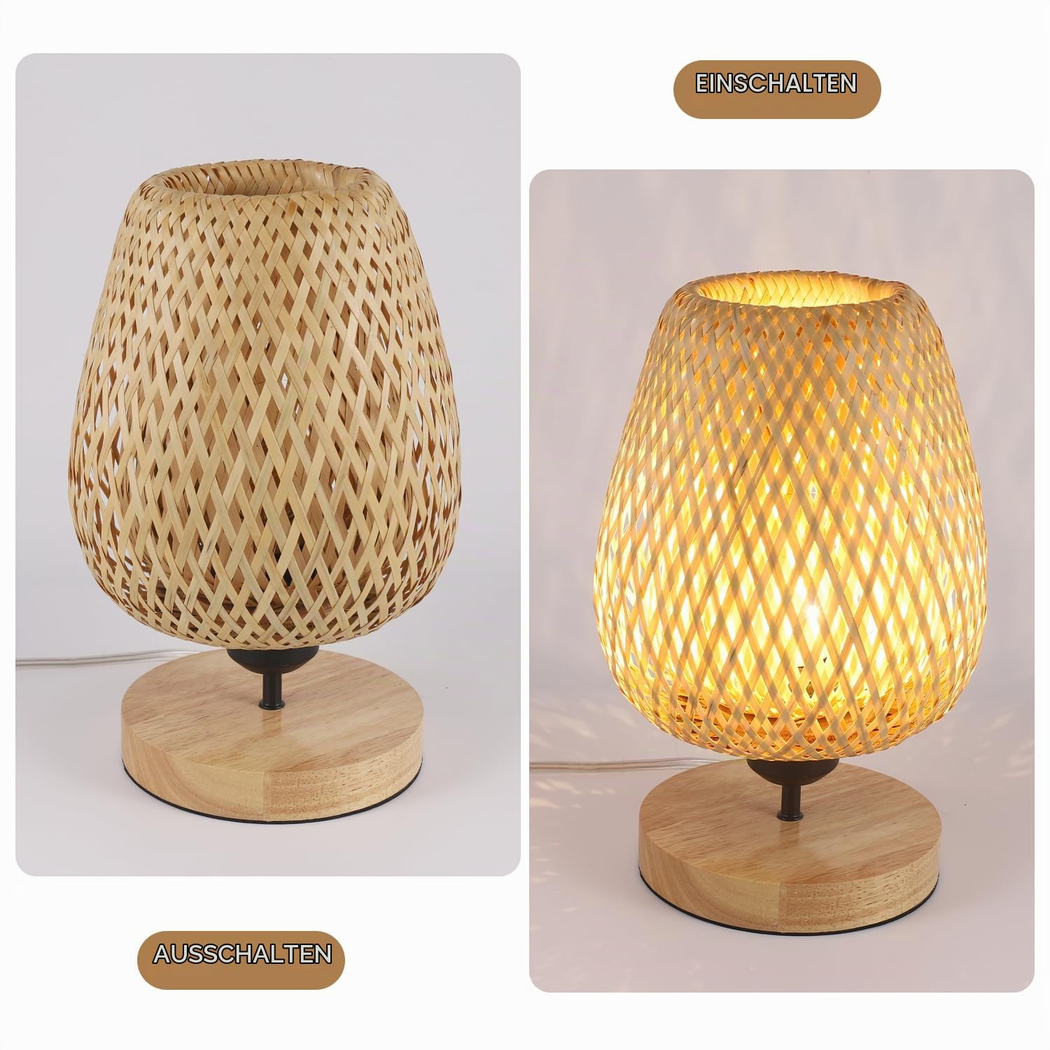 Comely Nachttischlampe mit Kabelschalter, Tischlampe Rattan Bambus und Holz