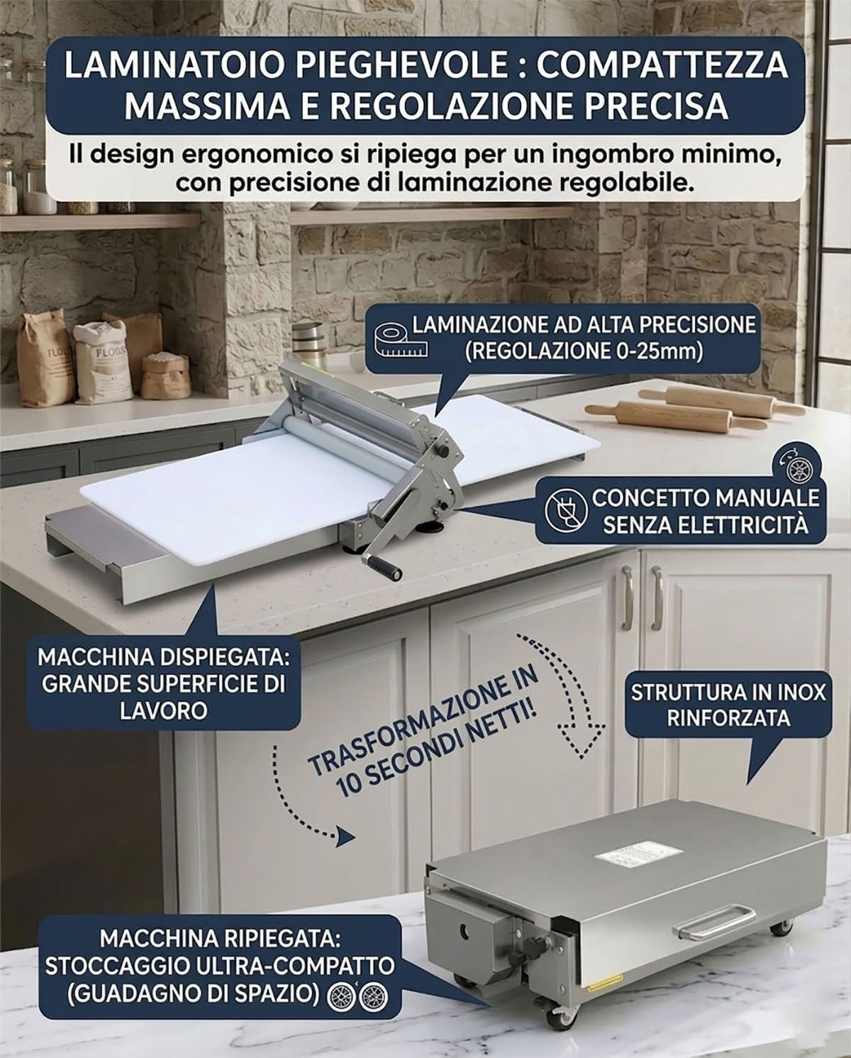 Sfogliatrice per Croissant, Macchina per Sfoglia Commerciale 40x90cm | Pieghevole, spessore regolabile 0-25mm, pannello antiaderente grande, per casa e commercio.