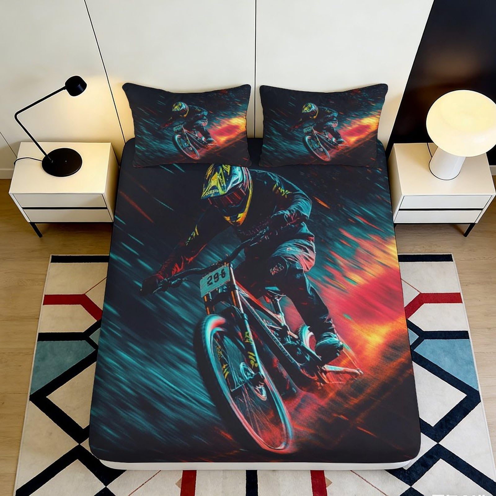 Uynsixtme Style-7 3D Printed Cycling Theme Fitted Sheet Microfiber Deep Pocket Non-Slip For Adults Bedroom Bedding Cycling Mattress Fitted Cover Washable Full Wrap 140X200x25cm